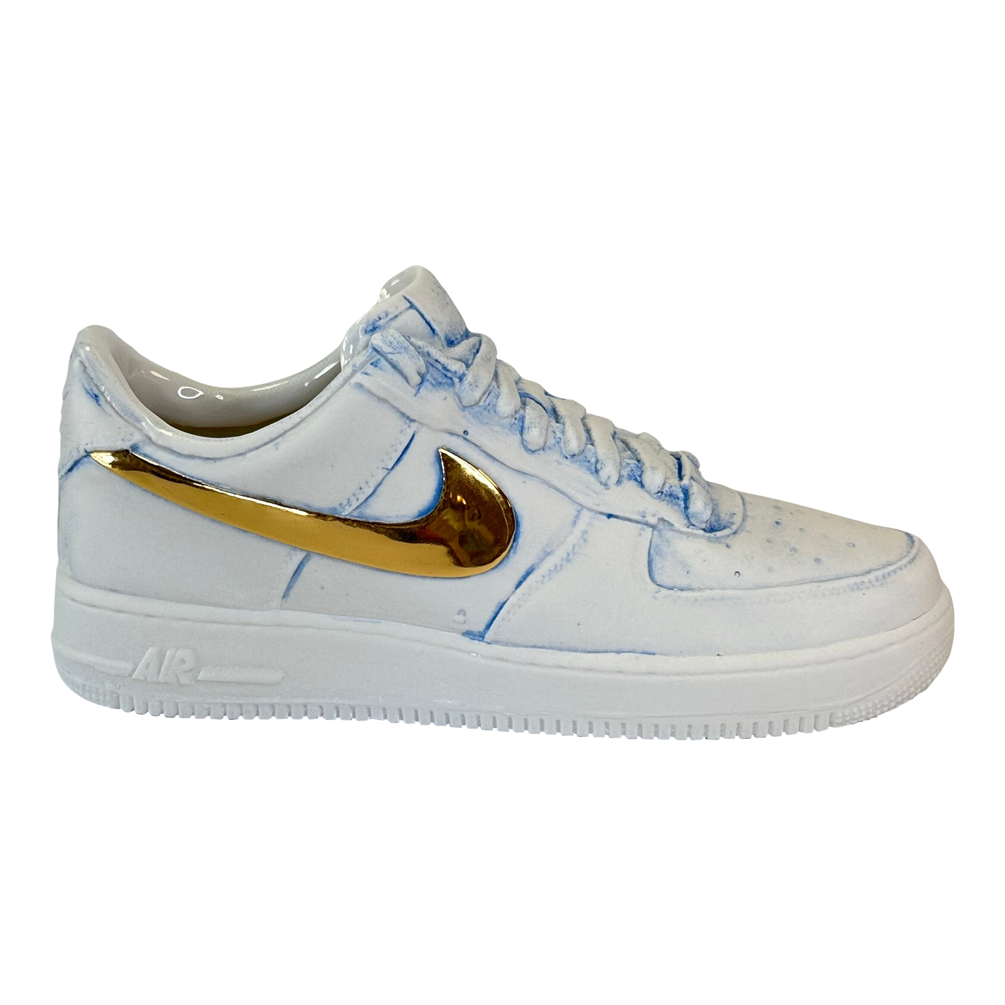 Original Pop Art Blue Washed Porcelain Air Force 1 Sneaker Sculpture with Gold Check by Brock DeBoer Chairish