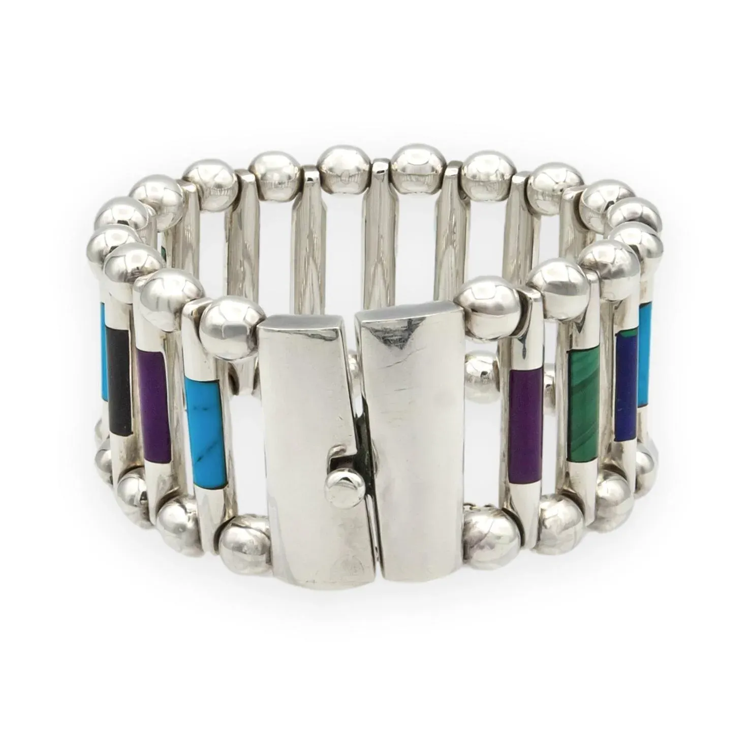 Vintage Tuka Mexican Modernist Silver Gemstone Inlay Bracelet, 1970s, 7.5\