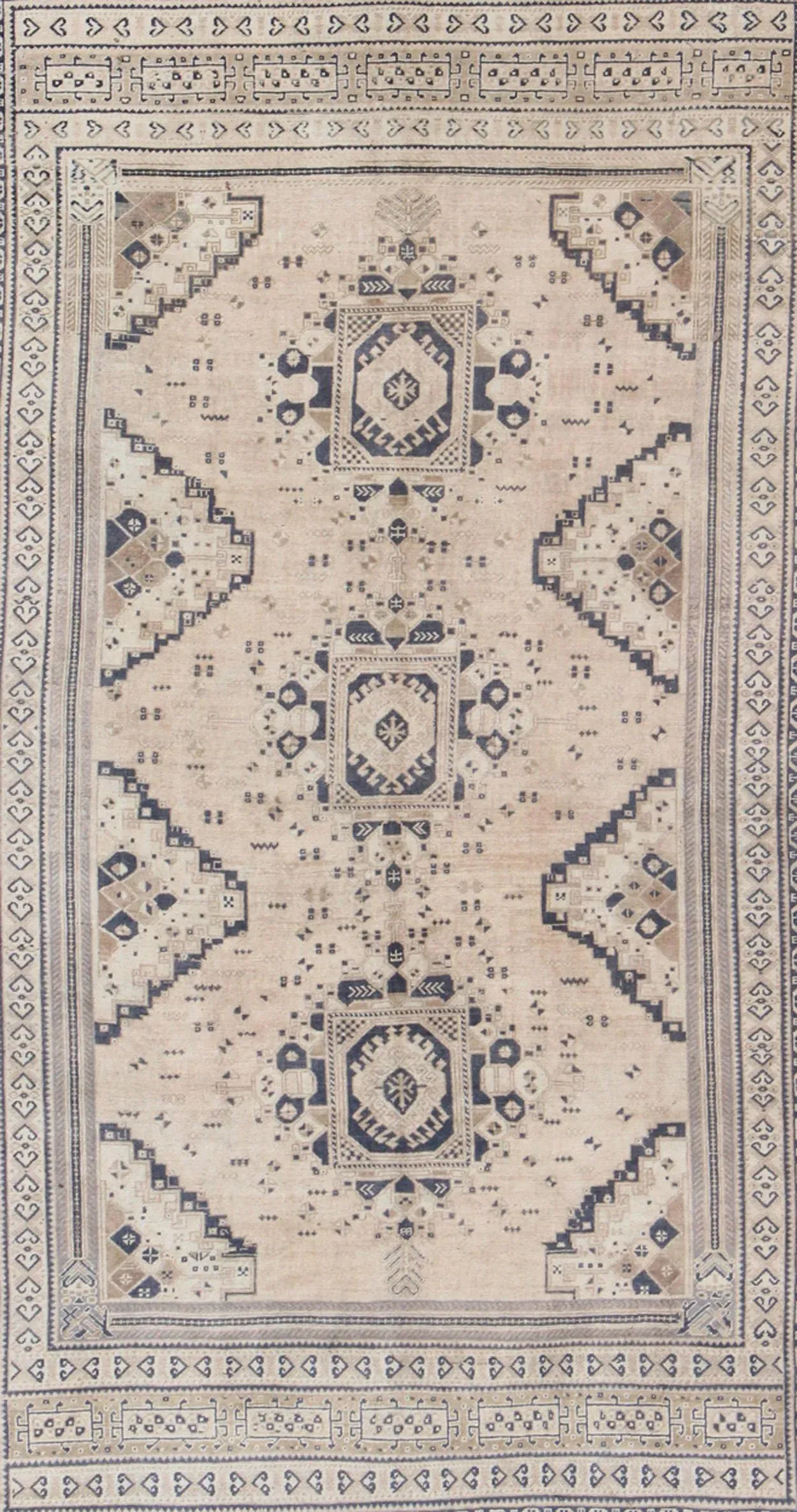 DaVinci Ivory Lace Wedding DressVintage Turkish Oushak Rug Featuring Soft Beige Field With Navy Tribal Design