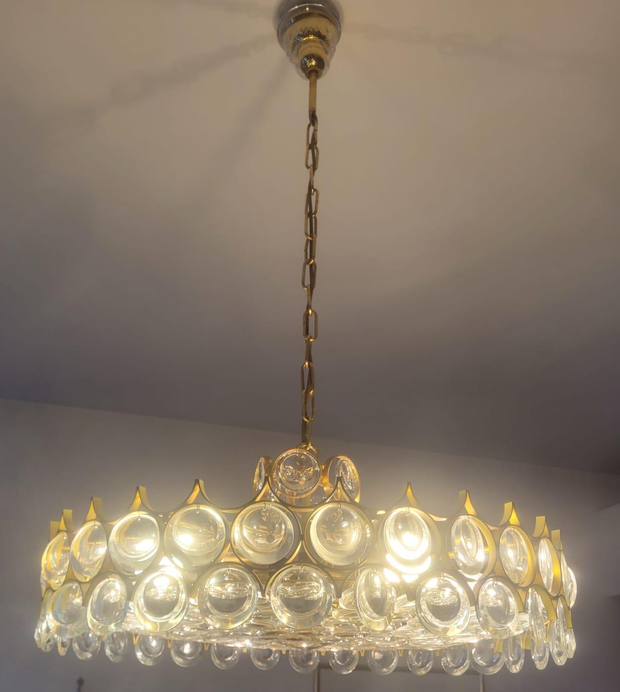 Vintage German K2200 Pendant Light in Brass and Crystal from Palwa, 1960s