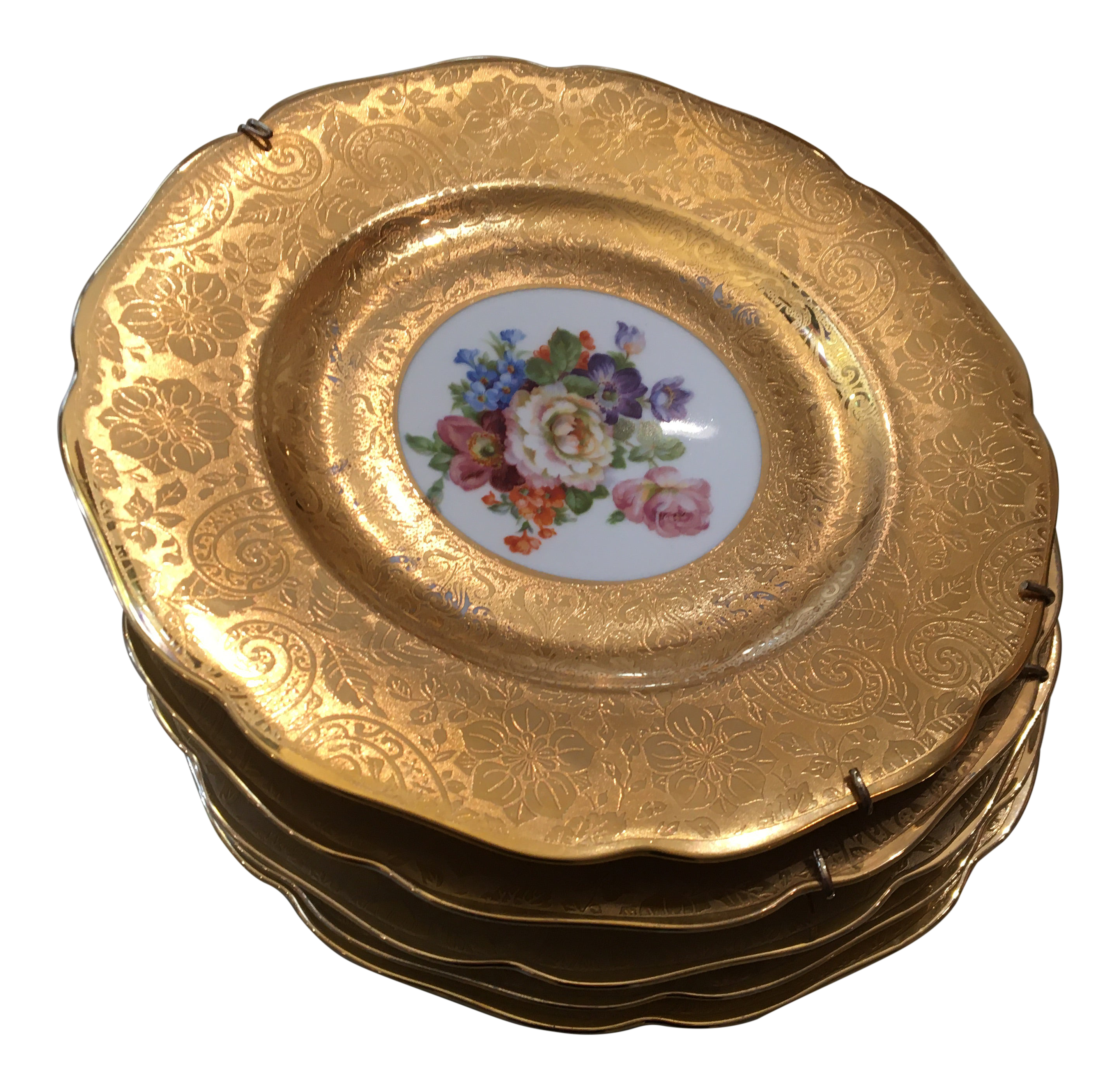 1950s Czechoslovakia Gold Embossed With Flowers Decorative Plates