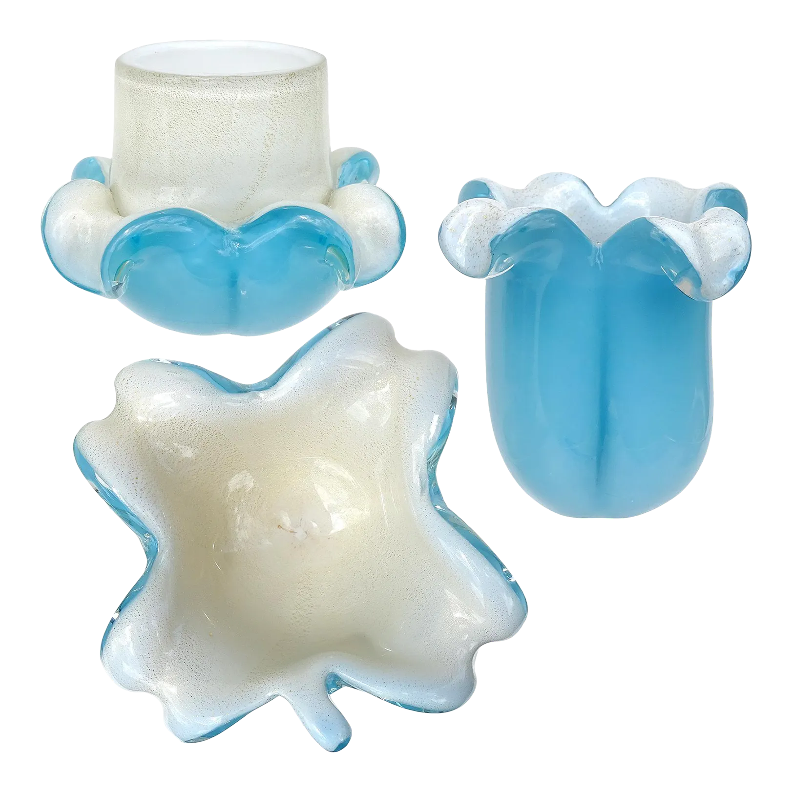 Vintage Murano Barbini Sky Blue White Gold Flecks Italian Art Glass