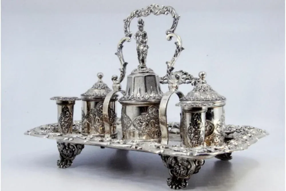 Inkwell in Chiseled Silver with Pen Holders and Tanks and Bell
