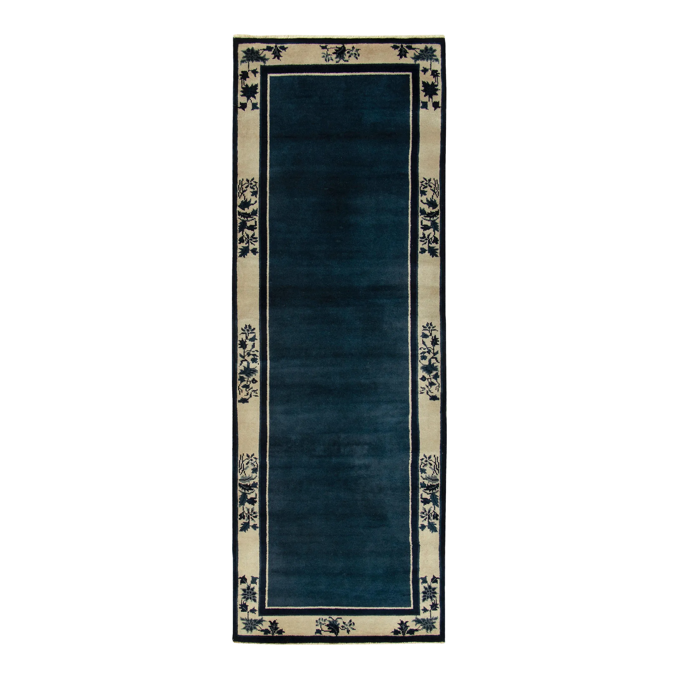 Vintage Chinese Deco Style Runner, Deep Blue Floral Pattern, Off White Border