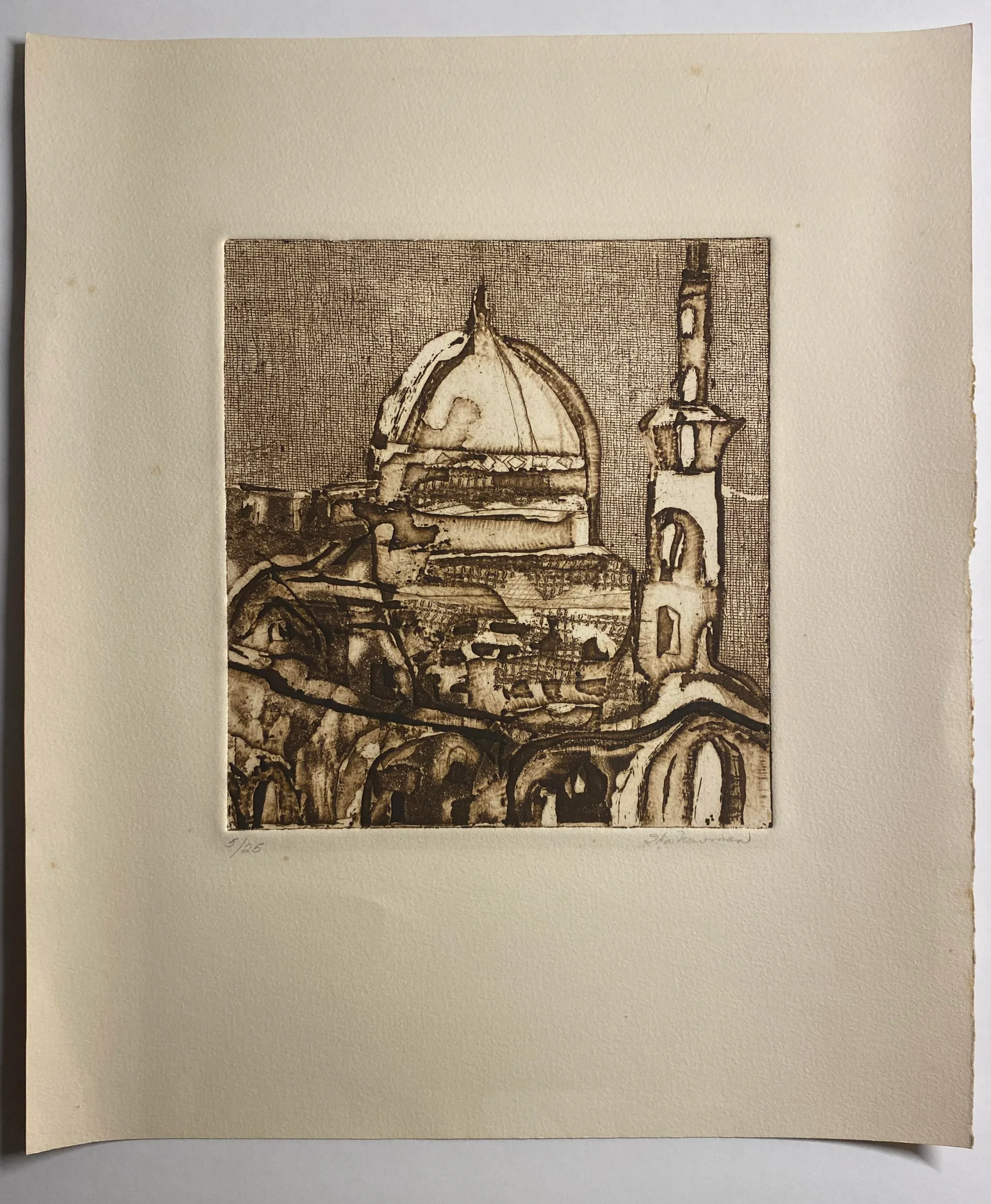 1970s Ida Newman Dome of the Rock Jerusalem Etching
