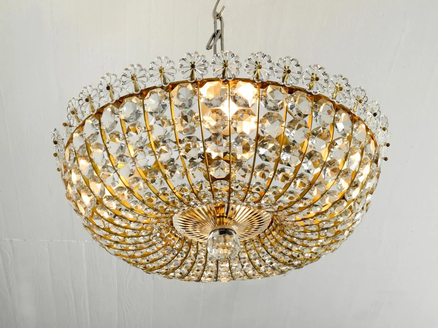 Mid-Century Modern Ceiling Lamp with Glass Stones and Brass Frame from the Vereinigten Werkstätten