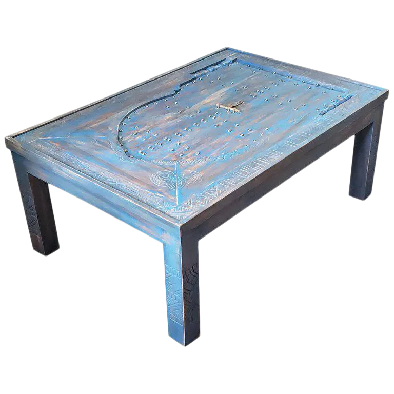 Moroccan Wooden Coffee Table Blue Wash 1 Chairish
