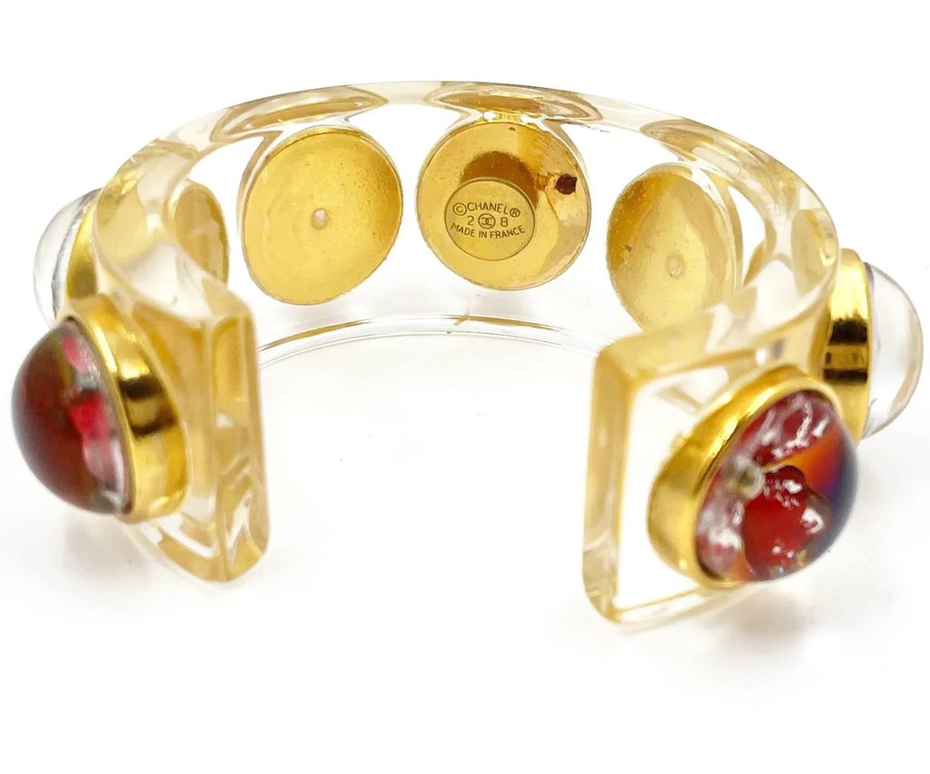 Chanel Vintage Super Rare Gold CC Clear Resin Flower Stud Bangle Cuff