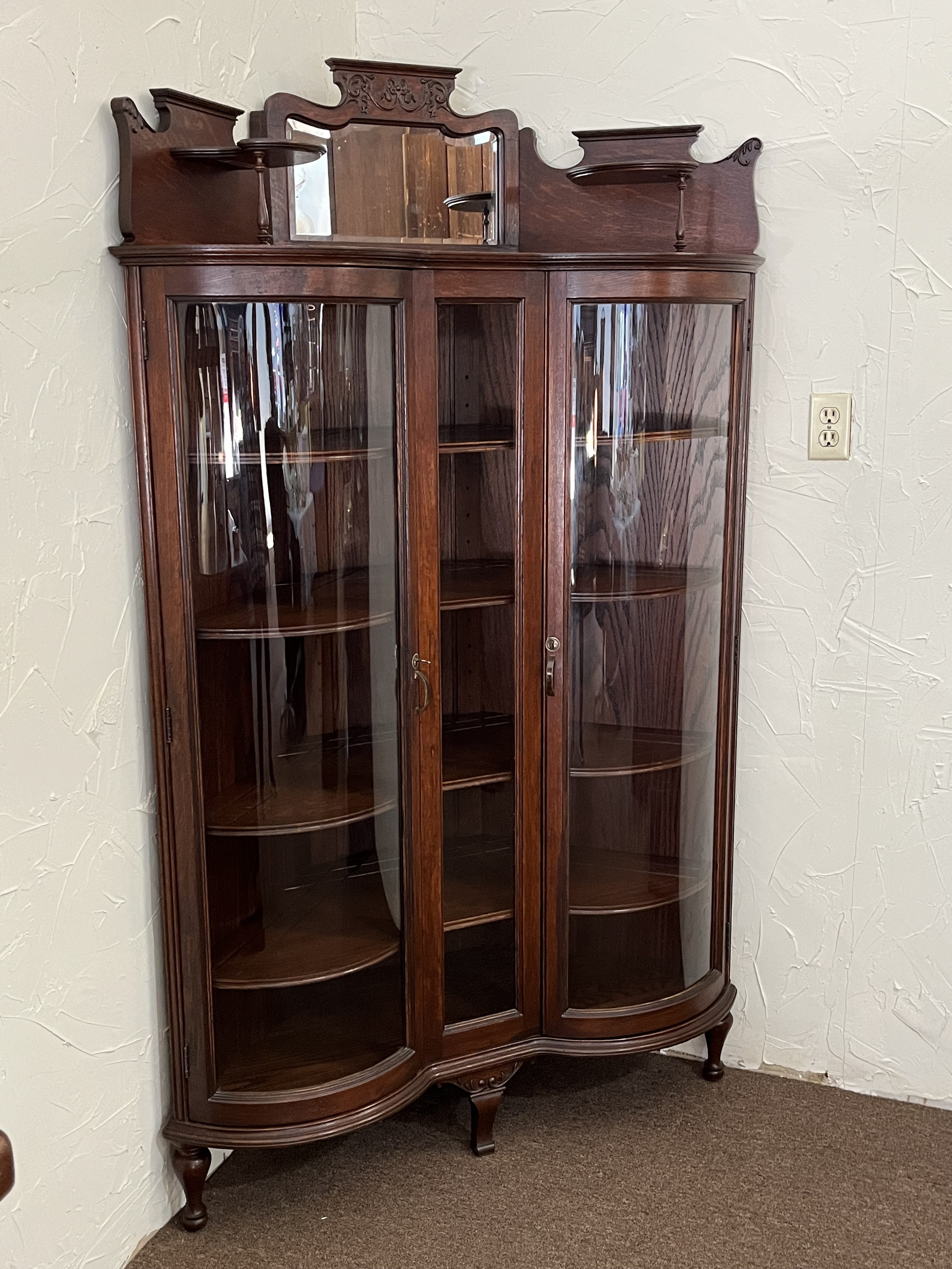 1900s Antique Oak Double Curve Glass Corner Cabinet, Chairish