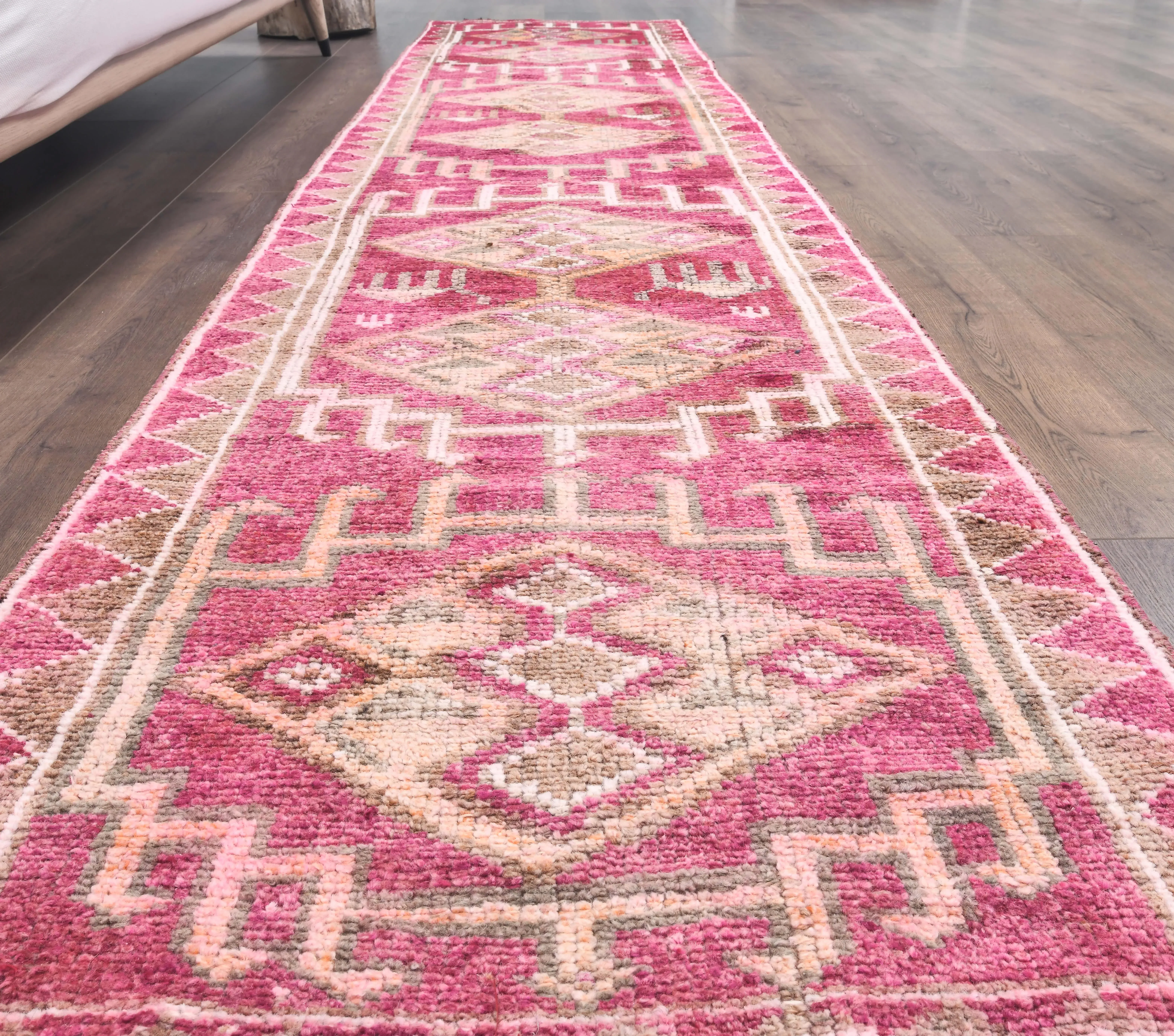 Vintage Pink Geometric Turkish Hand-Knotted Runner