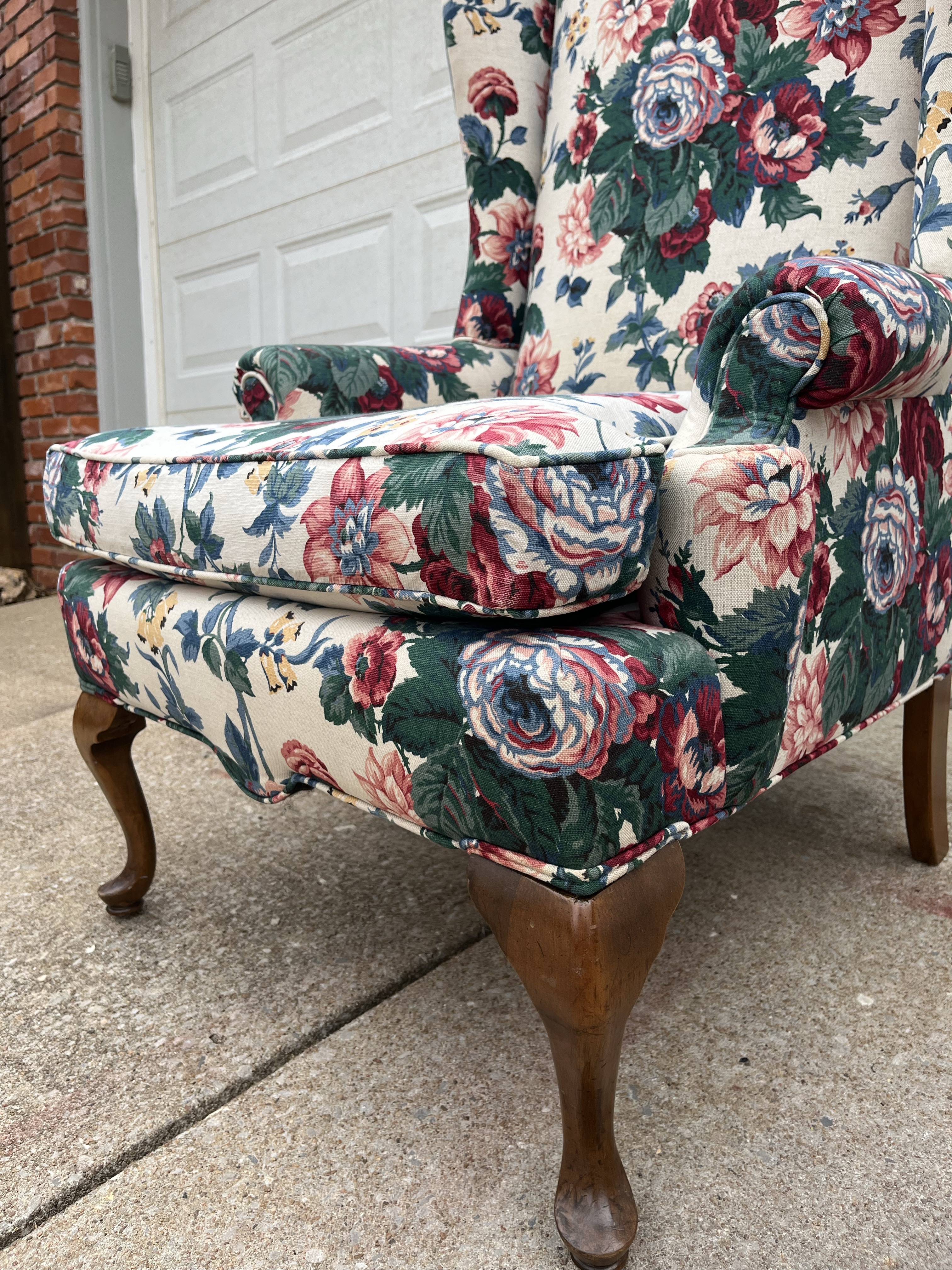 Vintage Bright Floral Queen Anne Wingback Arm Chair | Chairish, image size:3024x4032