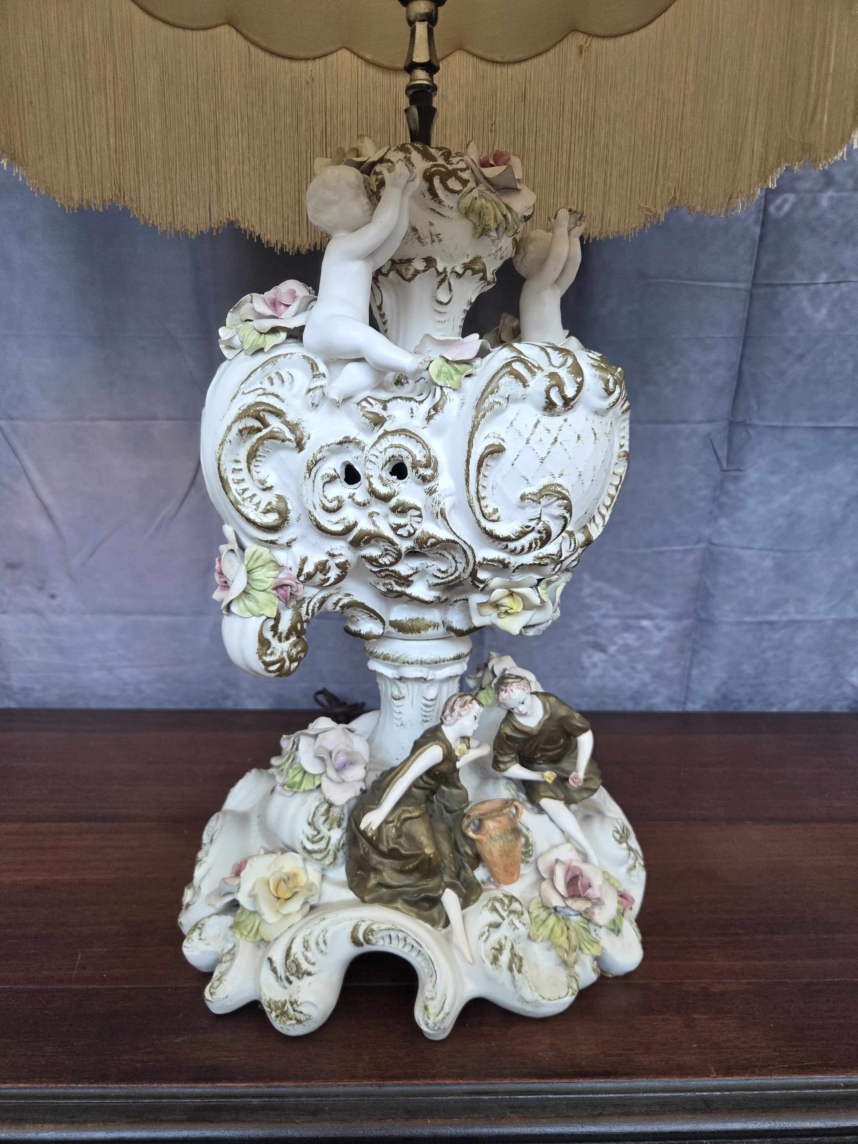 【レア4枚セット】Lamp 1960s Azzolin Brothers Porcelain Figural & Floral Table Lamp W
