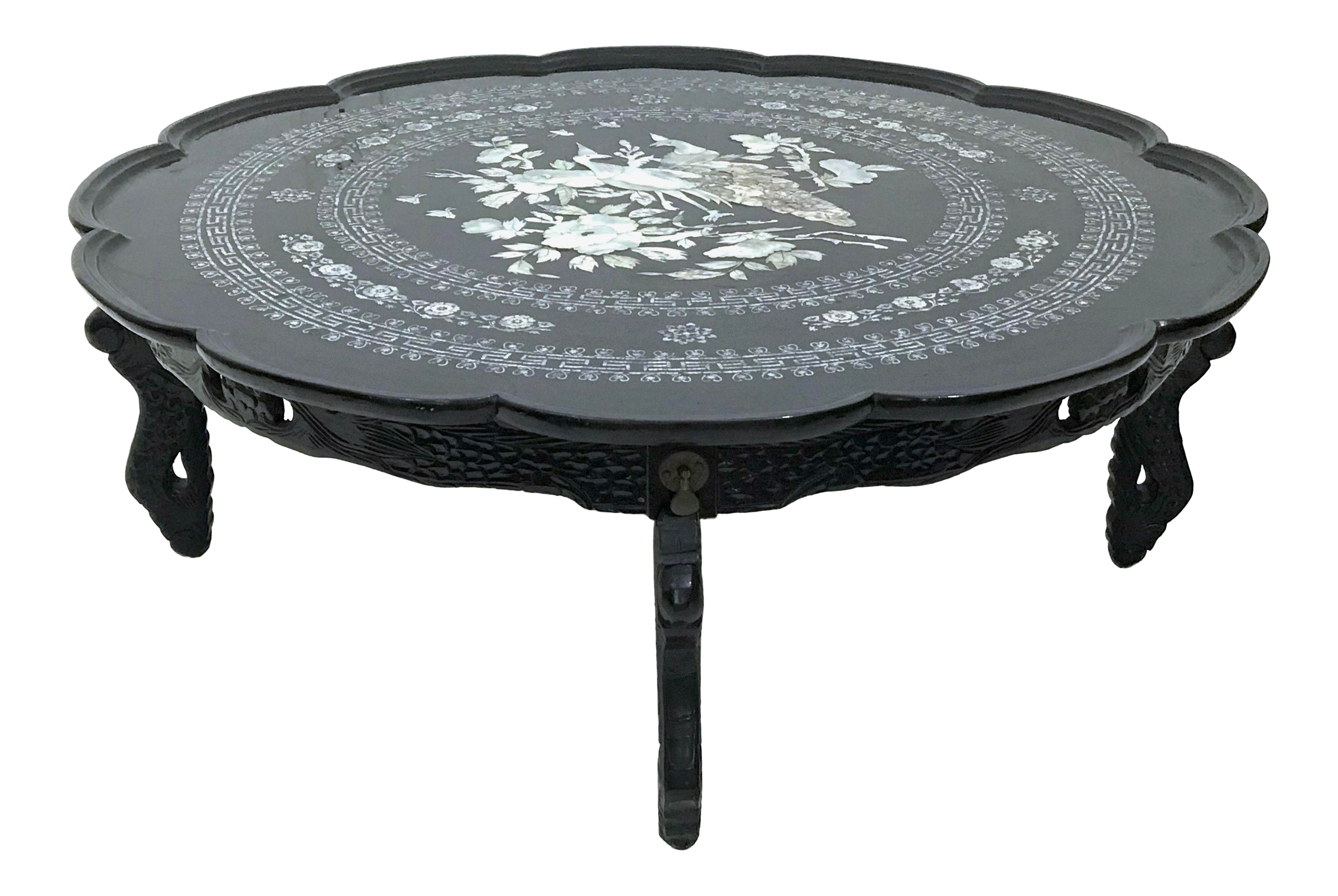 Vintage Oriental Black Lacquer And Inlaid Mother Of Pearl Folding Round Coffee Table Chairish