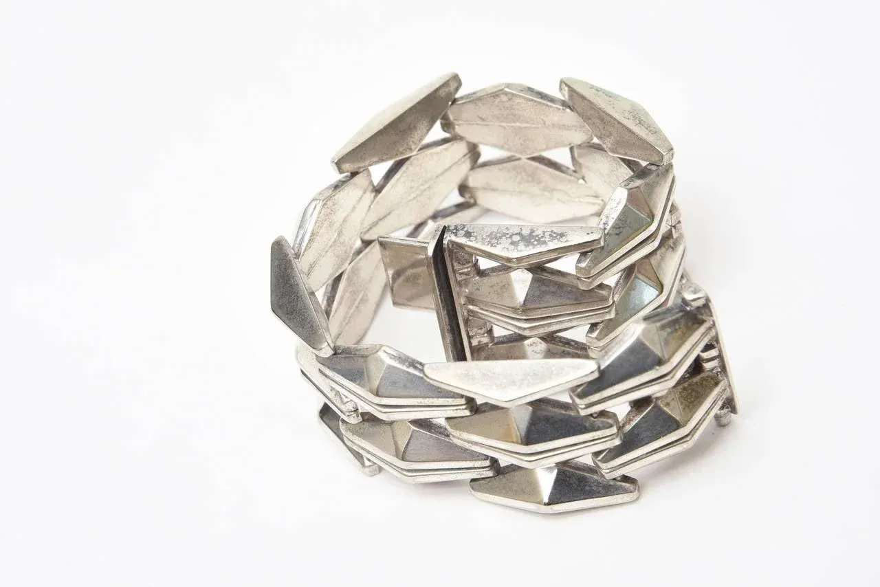 Vintage Sterling Silver Geometric Row Link Bracelet 60's