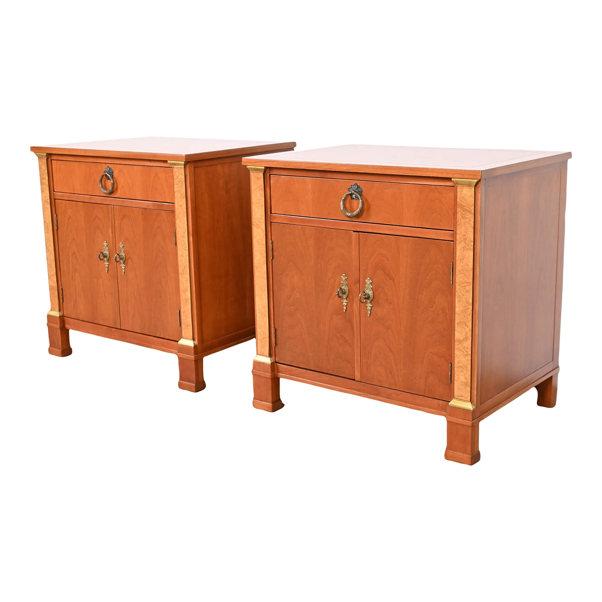 Baker Furniture French Empire Cherry and Burl Wood Nightstands, Newly