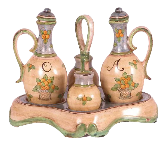 1990s Italian Hand Painted Ceramic Oil, Vinegar, Salt and Pepper Cestino