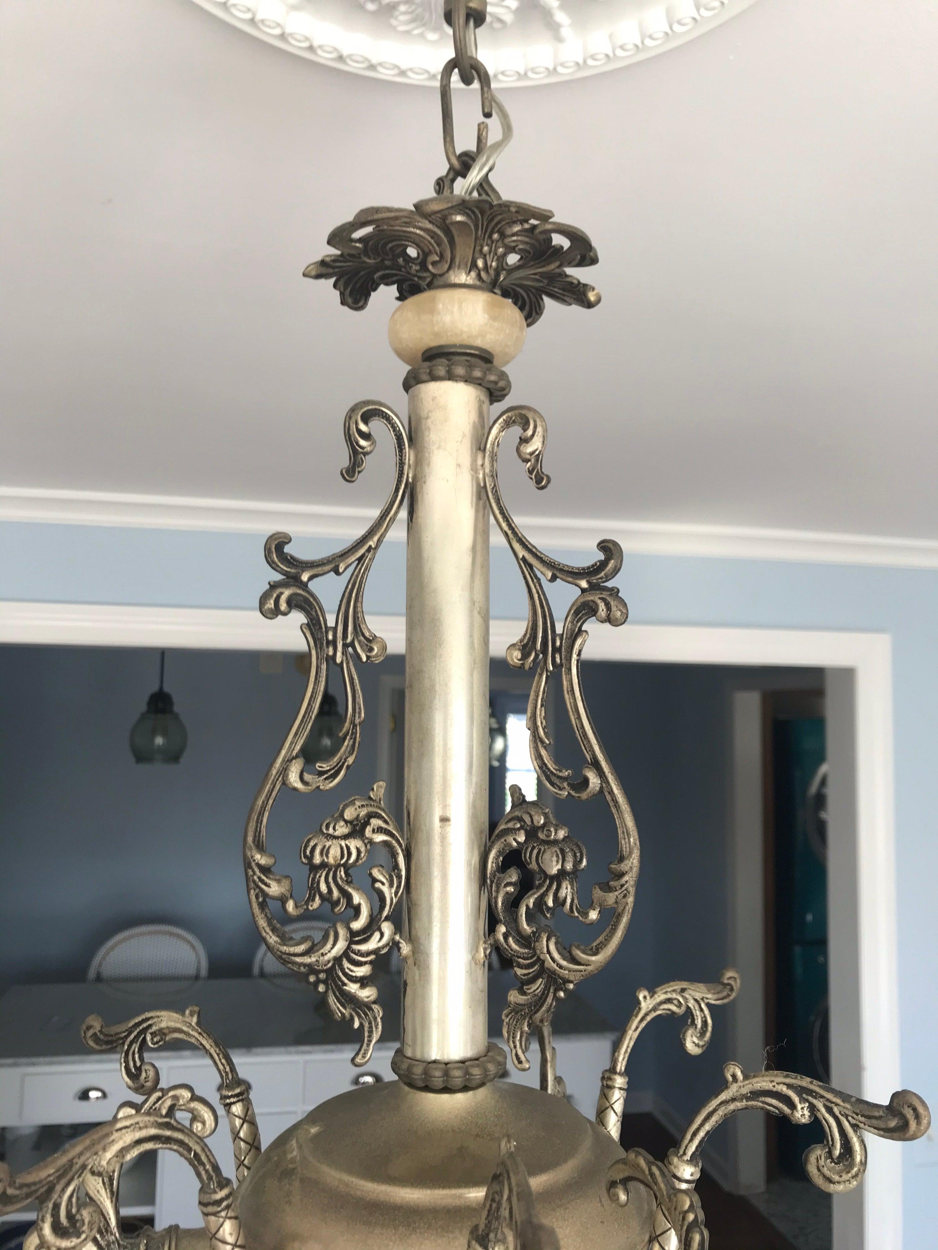 1920s French Pewter and Onyx 6-Arm Chandelier | Chairish