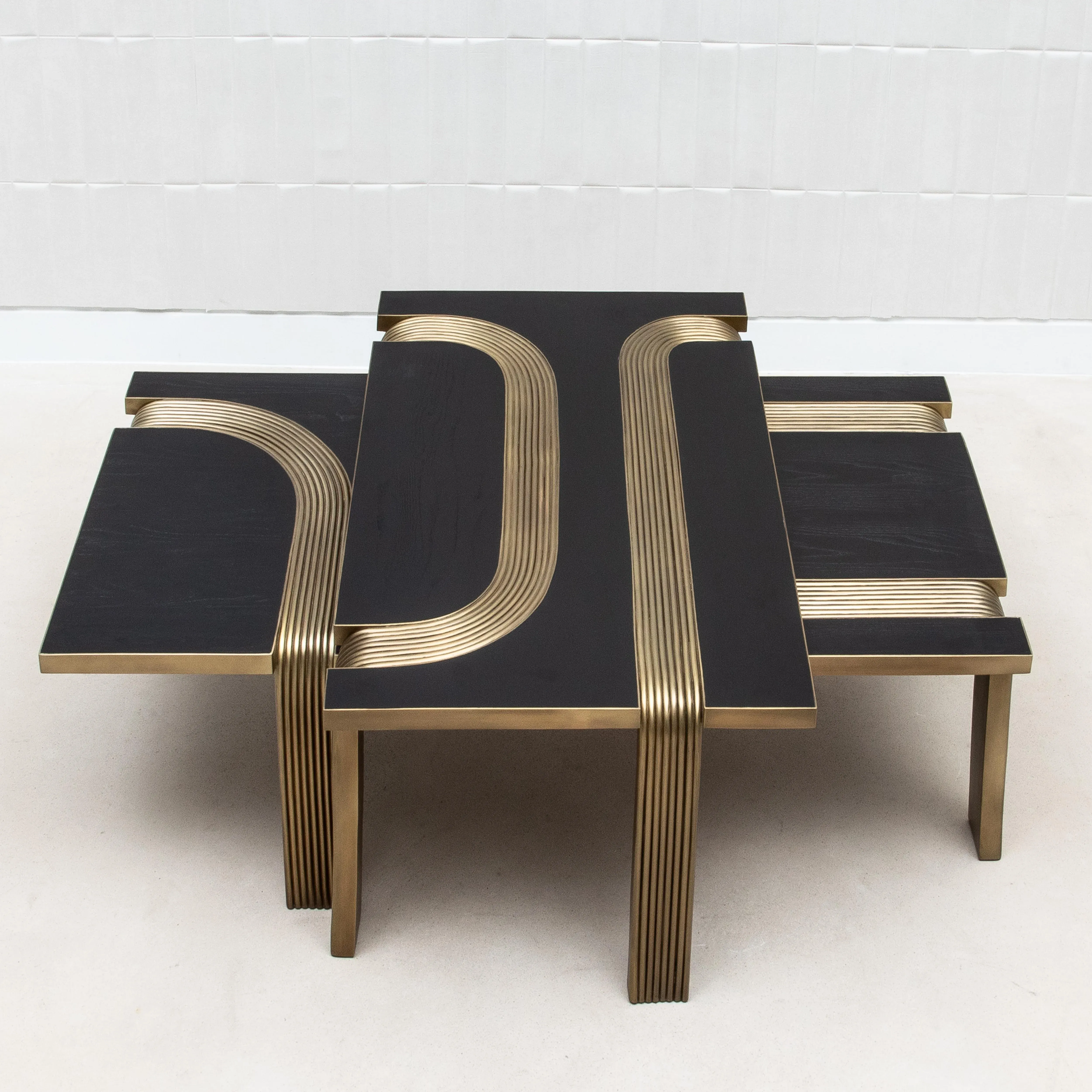Nesting Coffee Tables in Black Oak With Bronze Patina Brass Rods