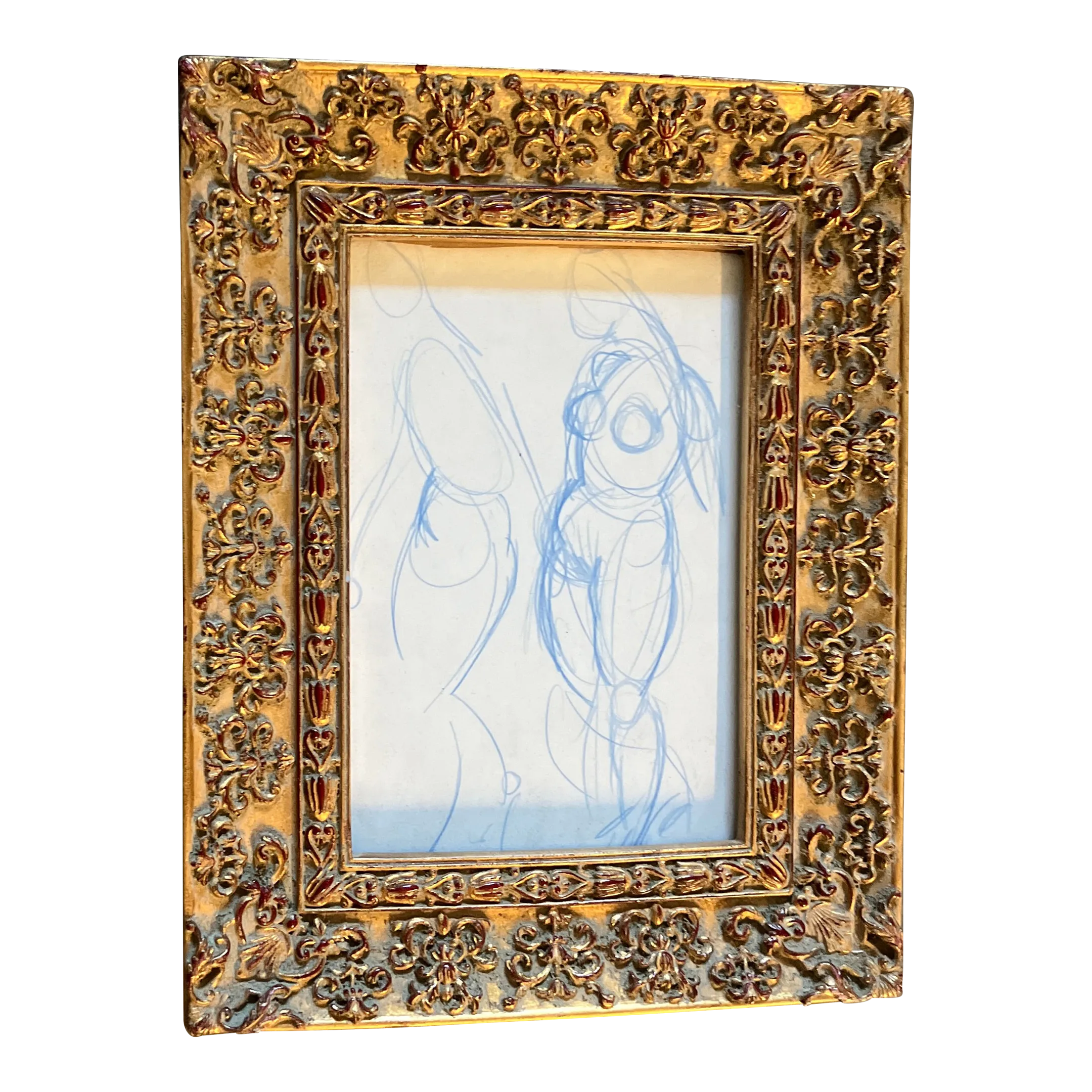 1970’s Abstract Female Nude Blue Small Pencil Drawing Ornate Tabletop Frame