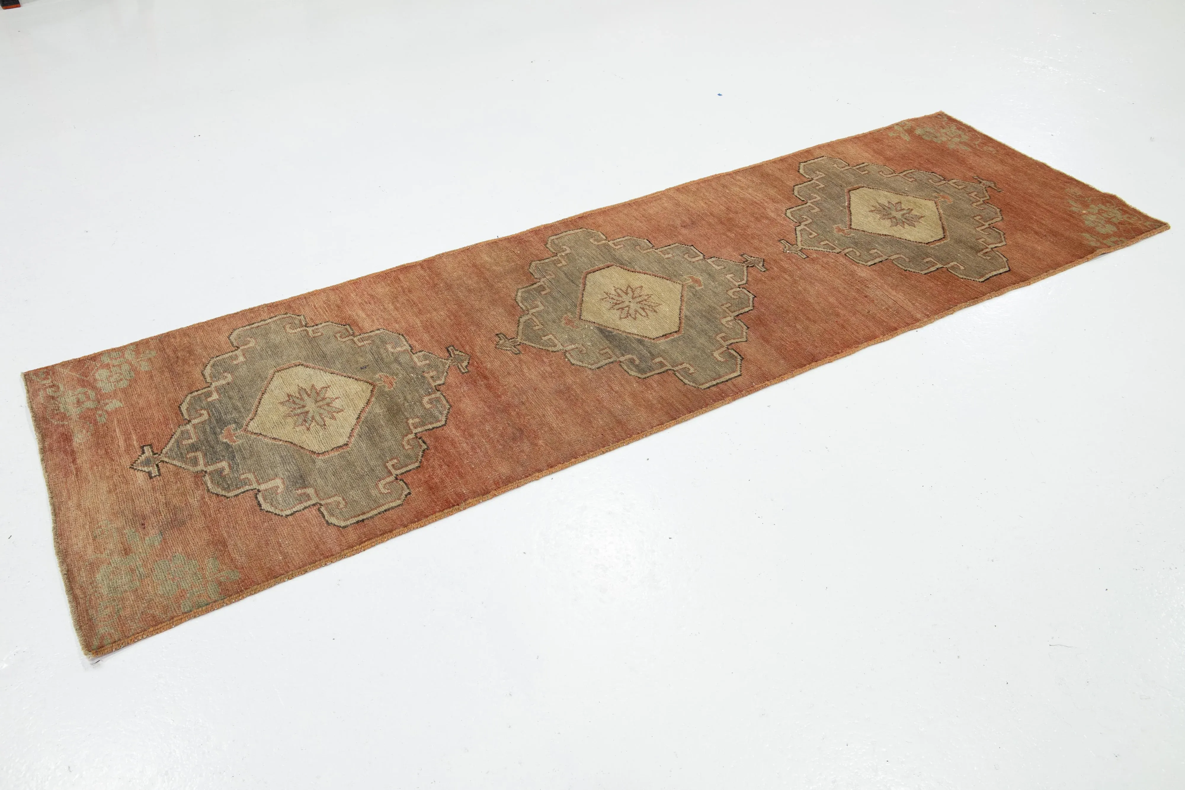 Handmade Vintage Turkish Anatolian Wool Runner in Terracotta With Tribal Motif
