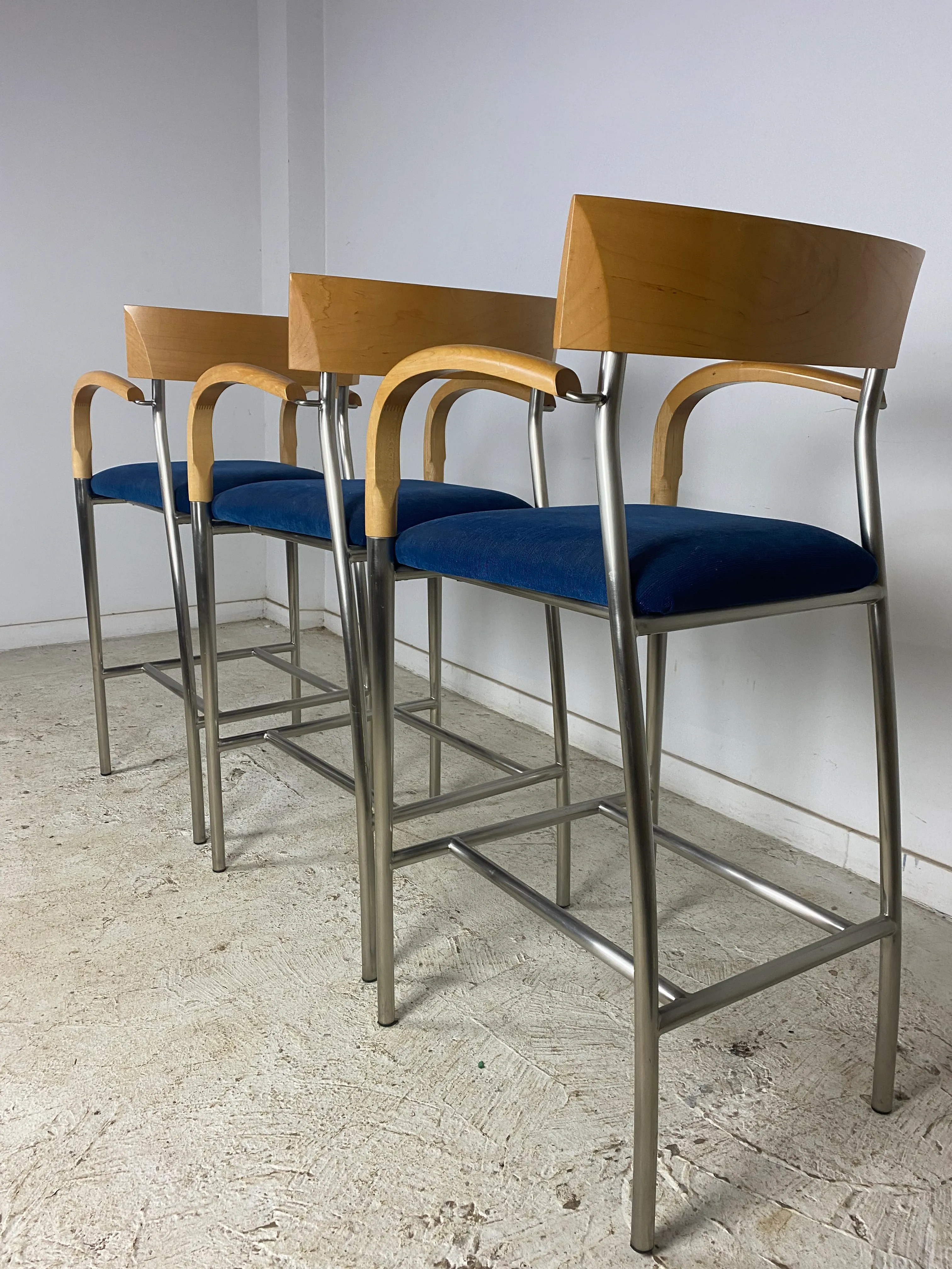 Vintage Bernhardt Bar Stools With Wood Arms and Back Set of