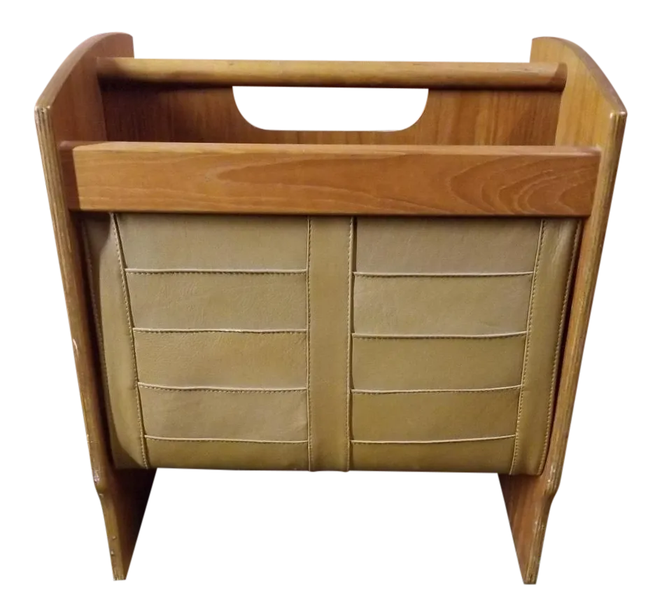 Vintage Scandinavian Wood and Leather Magazine Rack Chairish