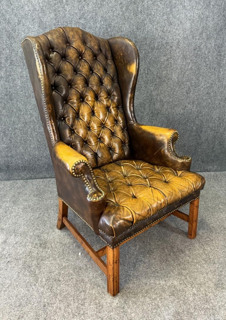 Mid 20th Century Vintage Tufted High Back Brown Leather Wingback Chair