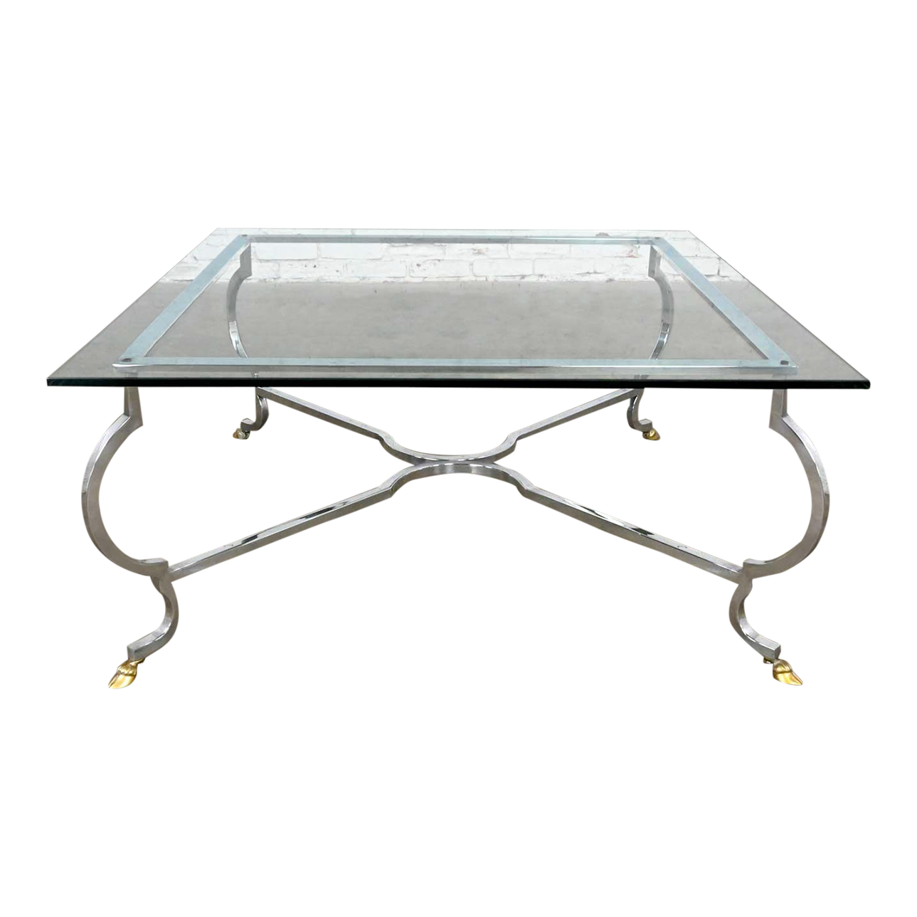 Vintage Hollywood Regency Square Glass Top Cocktail Table W/Polished