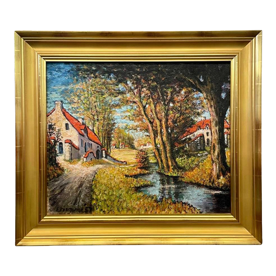 Vintage French Farm Landscape Oil Painting with Gold Gilt Frame, Signed Original Chairish