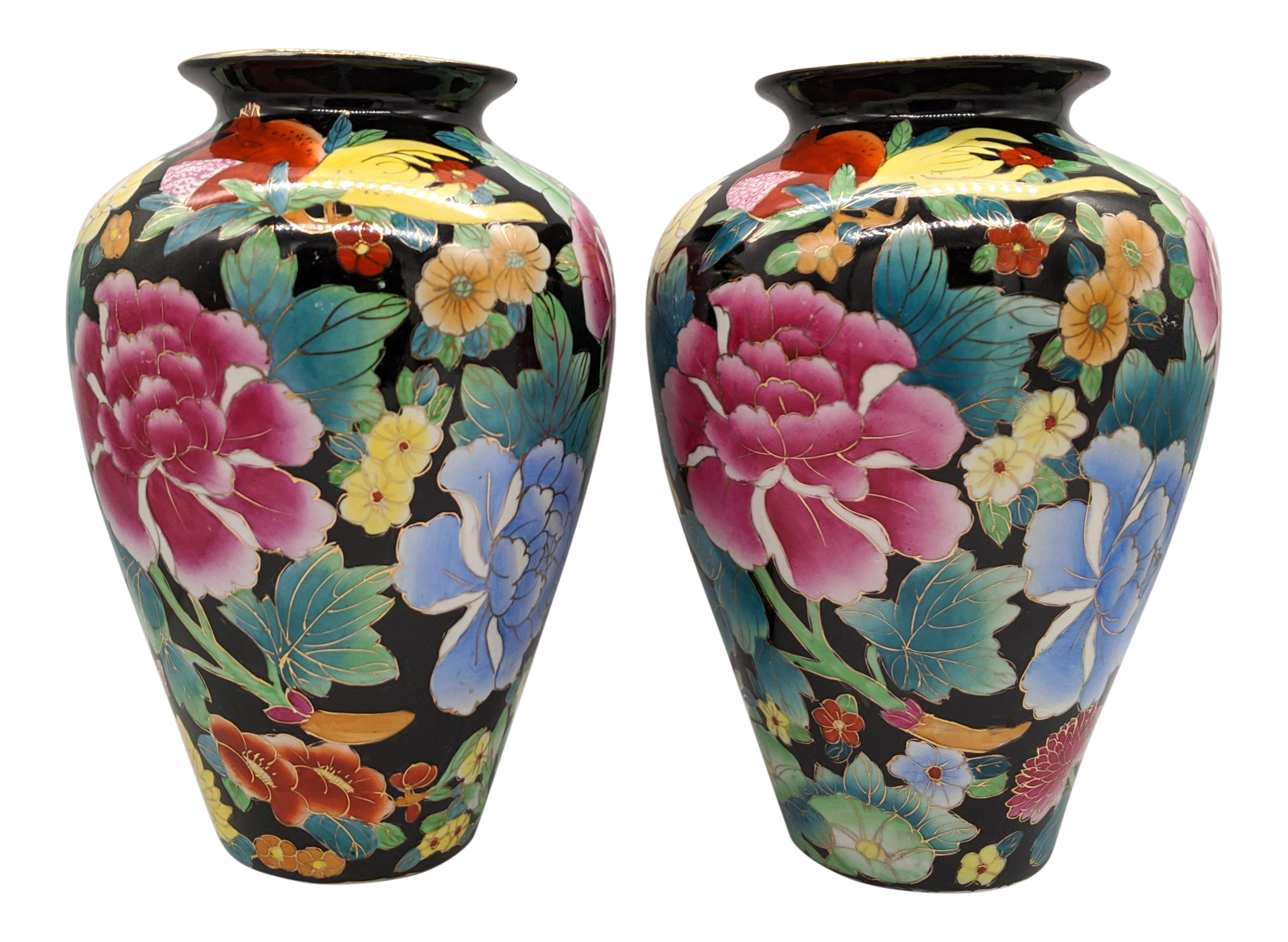 Mid 20th Century Chinese Famille Noir Style Floral Motif Vases A Pair Chairish
