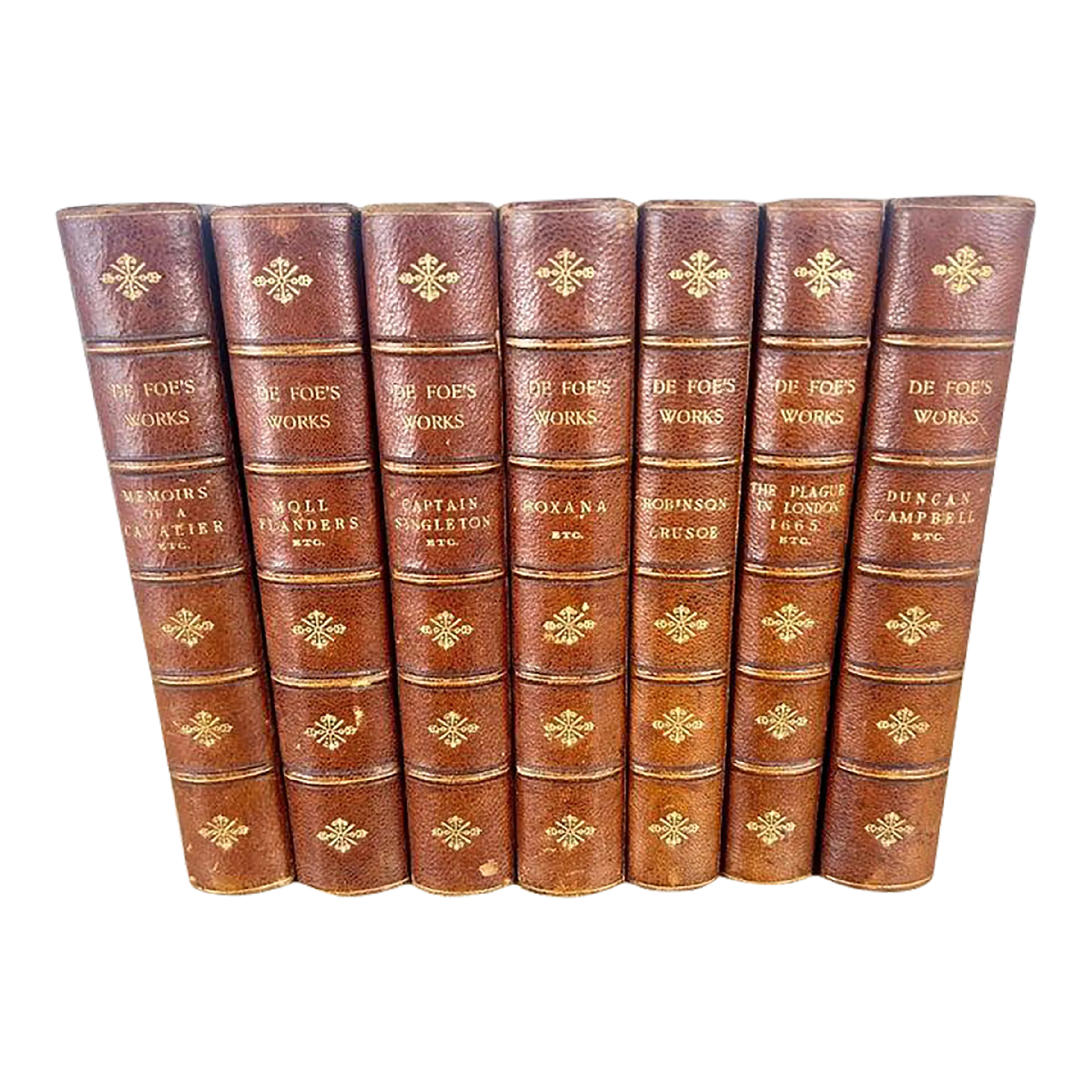 Set of Seven Leather Volumes of Daniel De Foe\'s Works