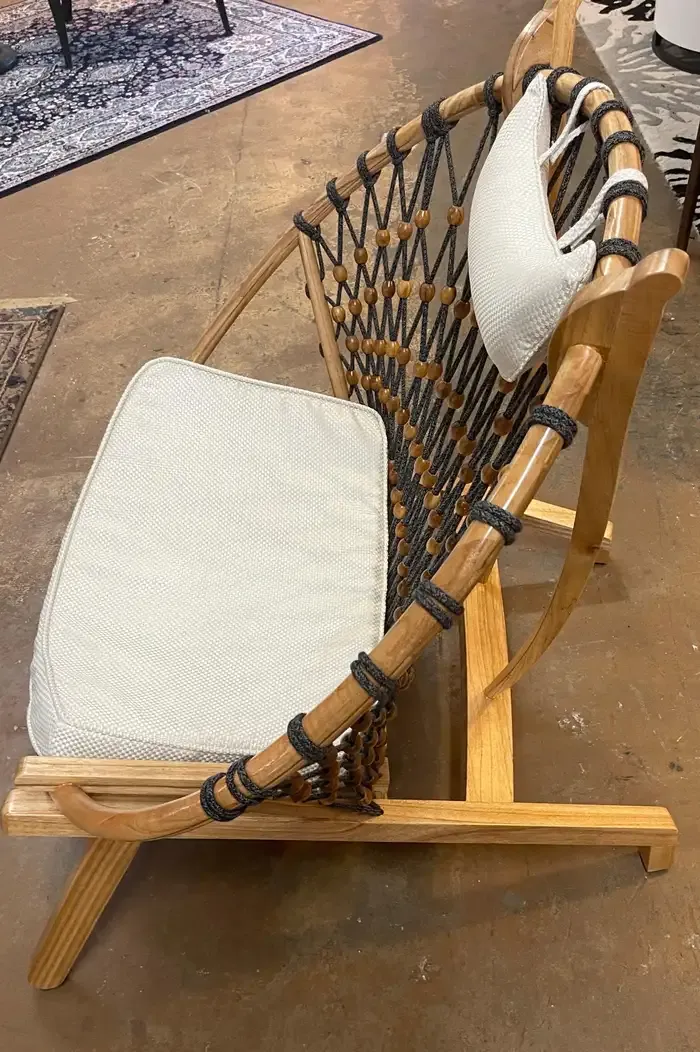 Late 20th Century Modern Round \'Snowshoe\' Wood & Woven Rope Lounge Chair