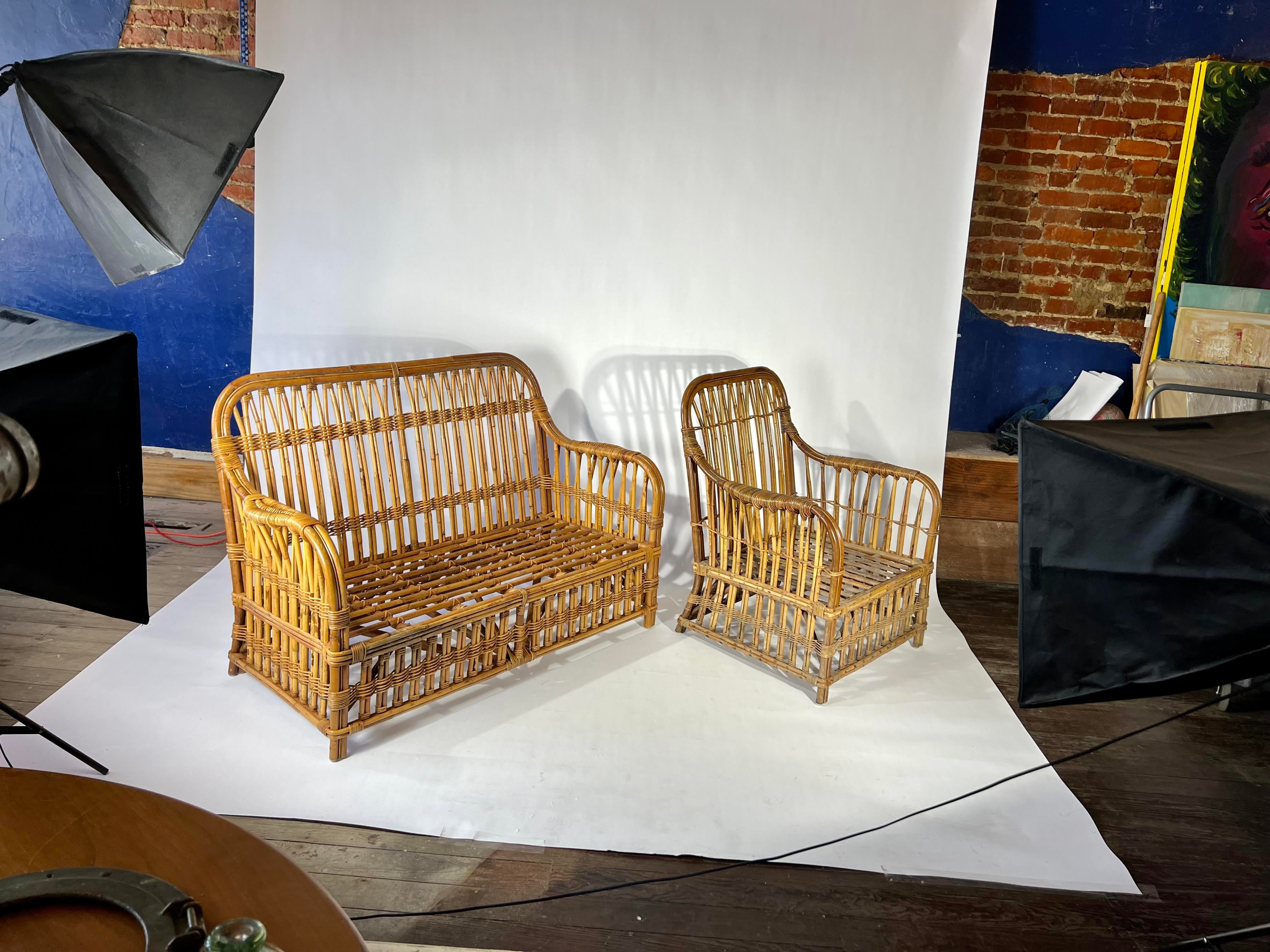Vintage Bent Bamboo Woven Reed Wicker Settee Armchair Two Piece Set