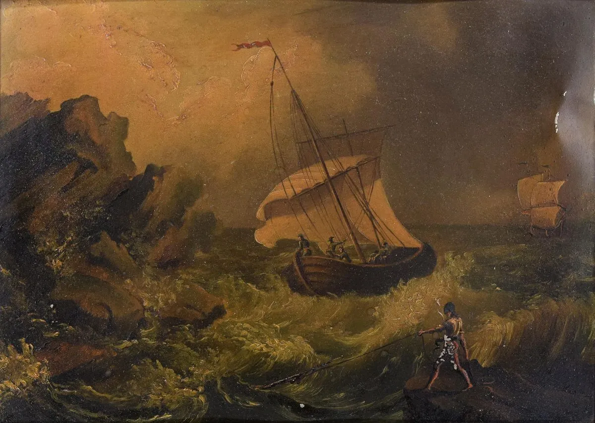 Glimpse of Coast with Boats - Oil Painting Early 20th Century Early 20th Century