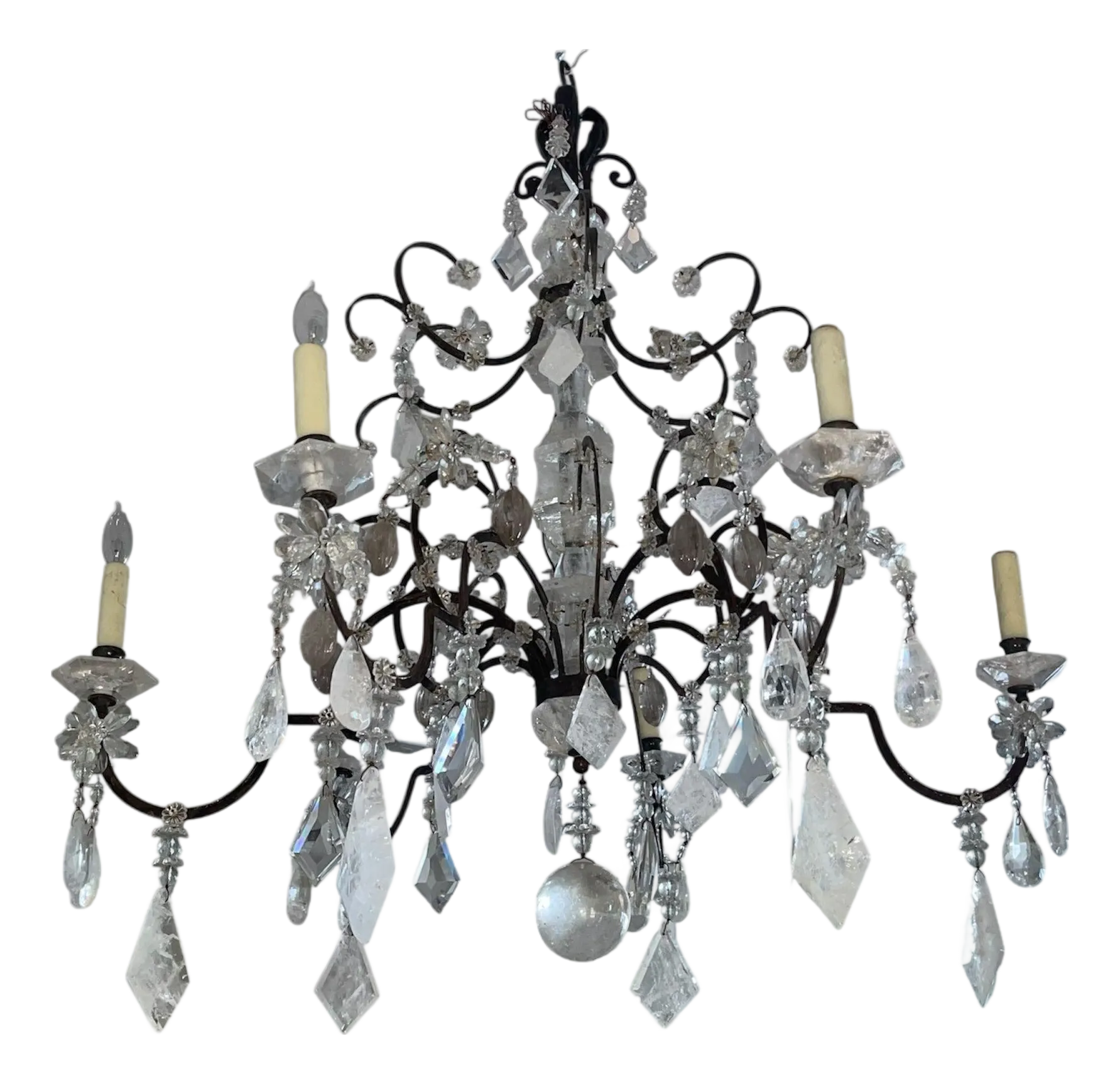 French 1950\'s Wrought Iron, Cut Glass and Rock Crystal Chandelier