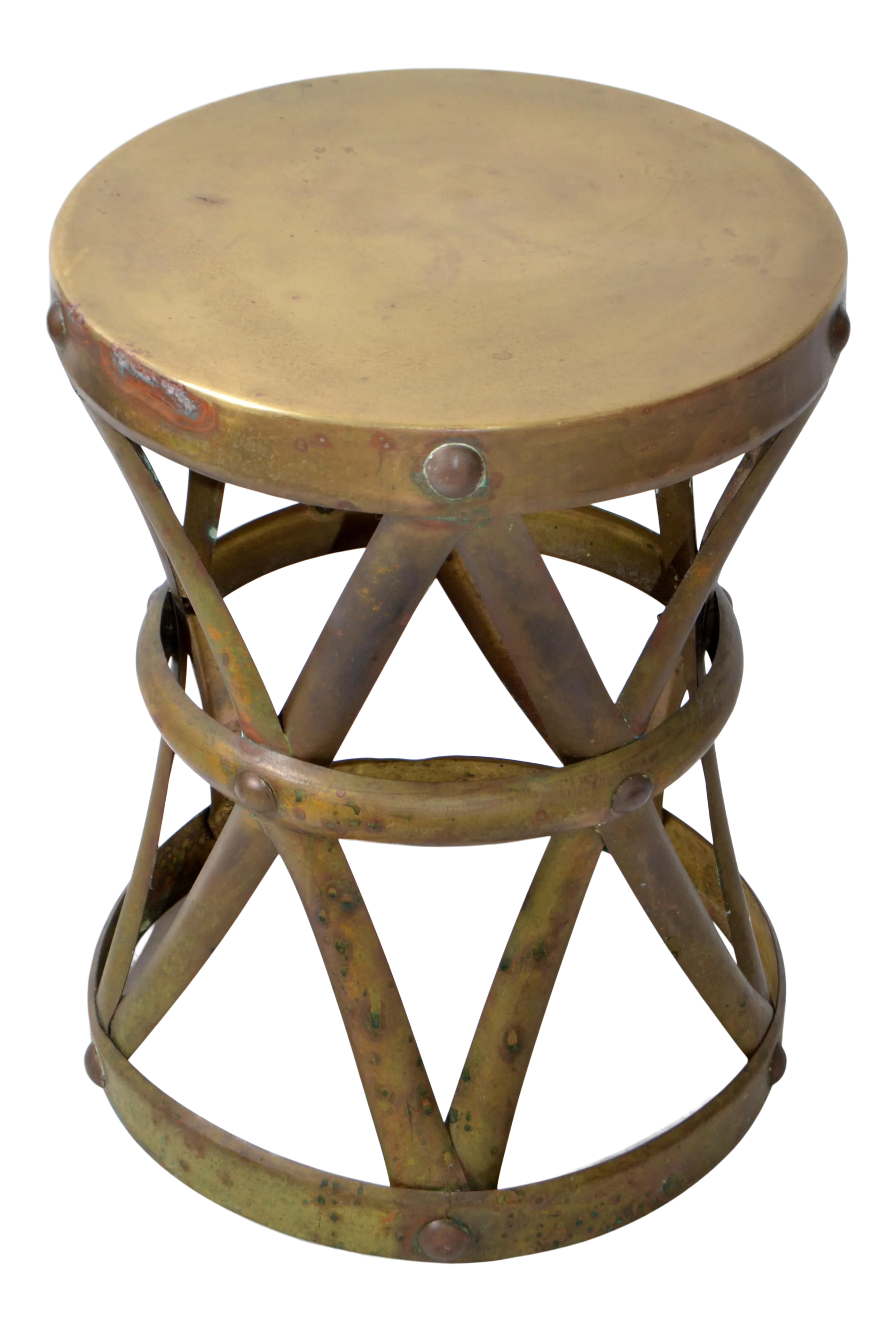 Sarreid Spanish Colonial Handmade Brass Drum Table, Stool Mid