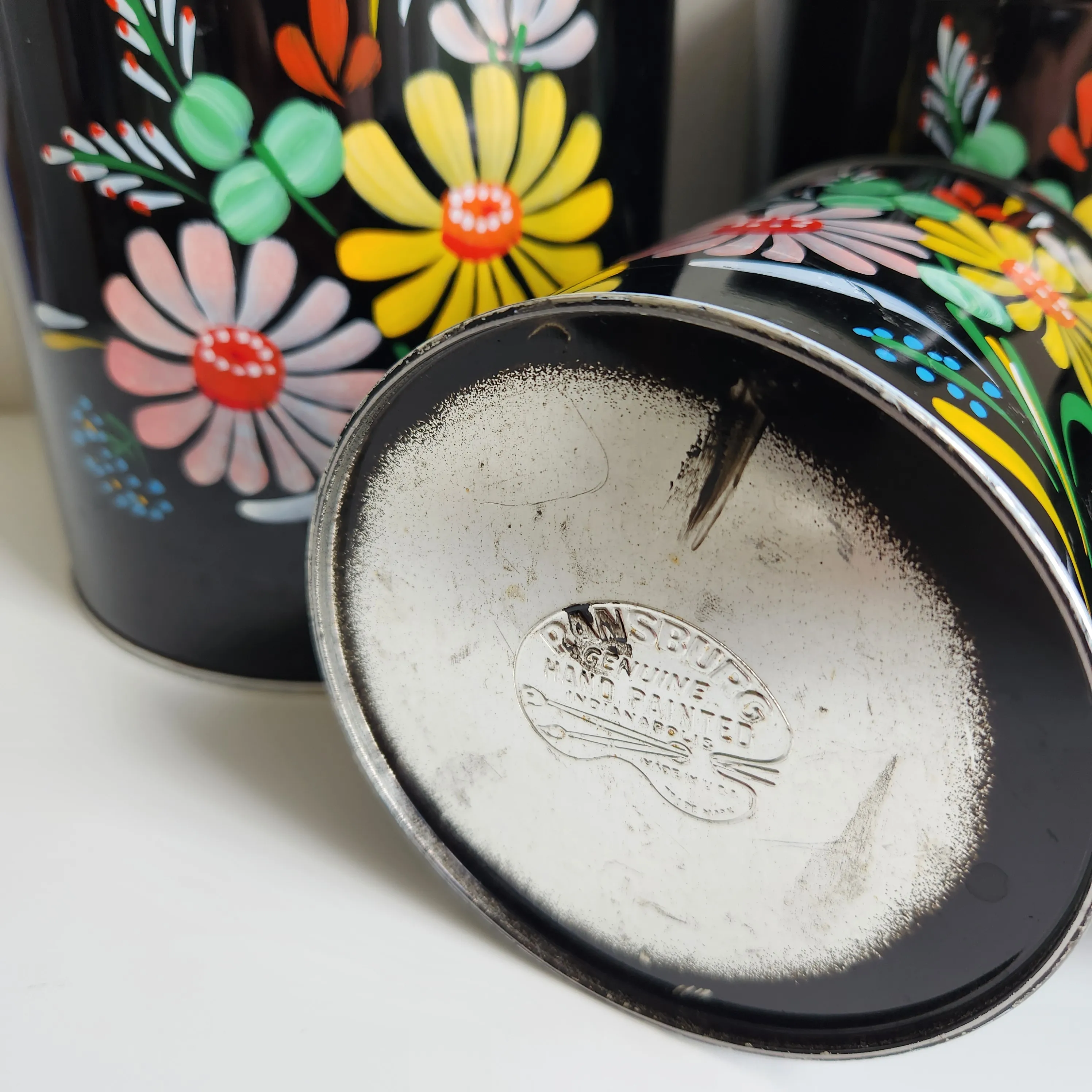 Vintage Ransburg Black with Hand Painted FlowersToleware