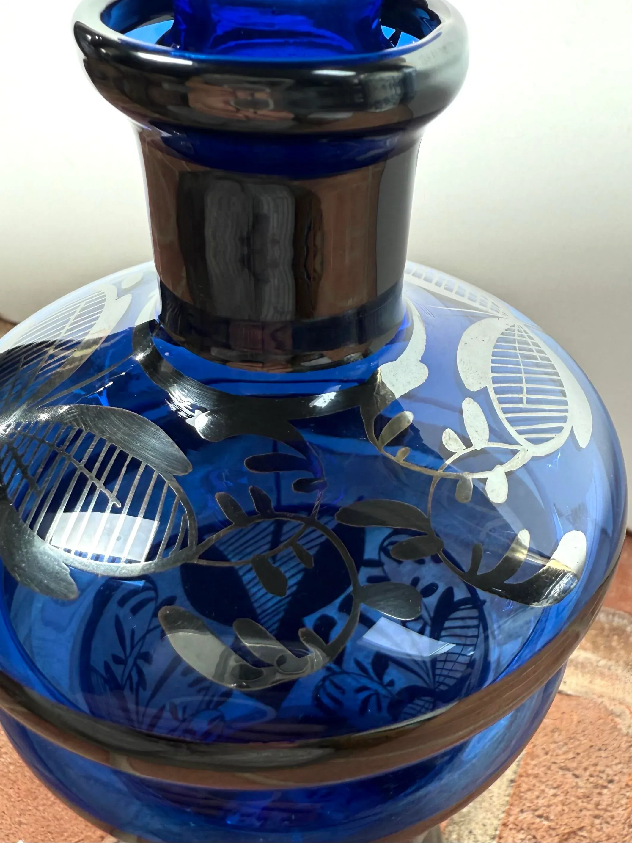 Vintage Italian Hand Blown Cobalt Blue Venetian Glass Decanter With Silver Overlay