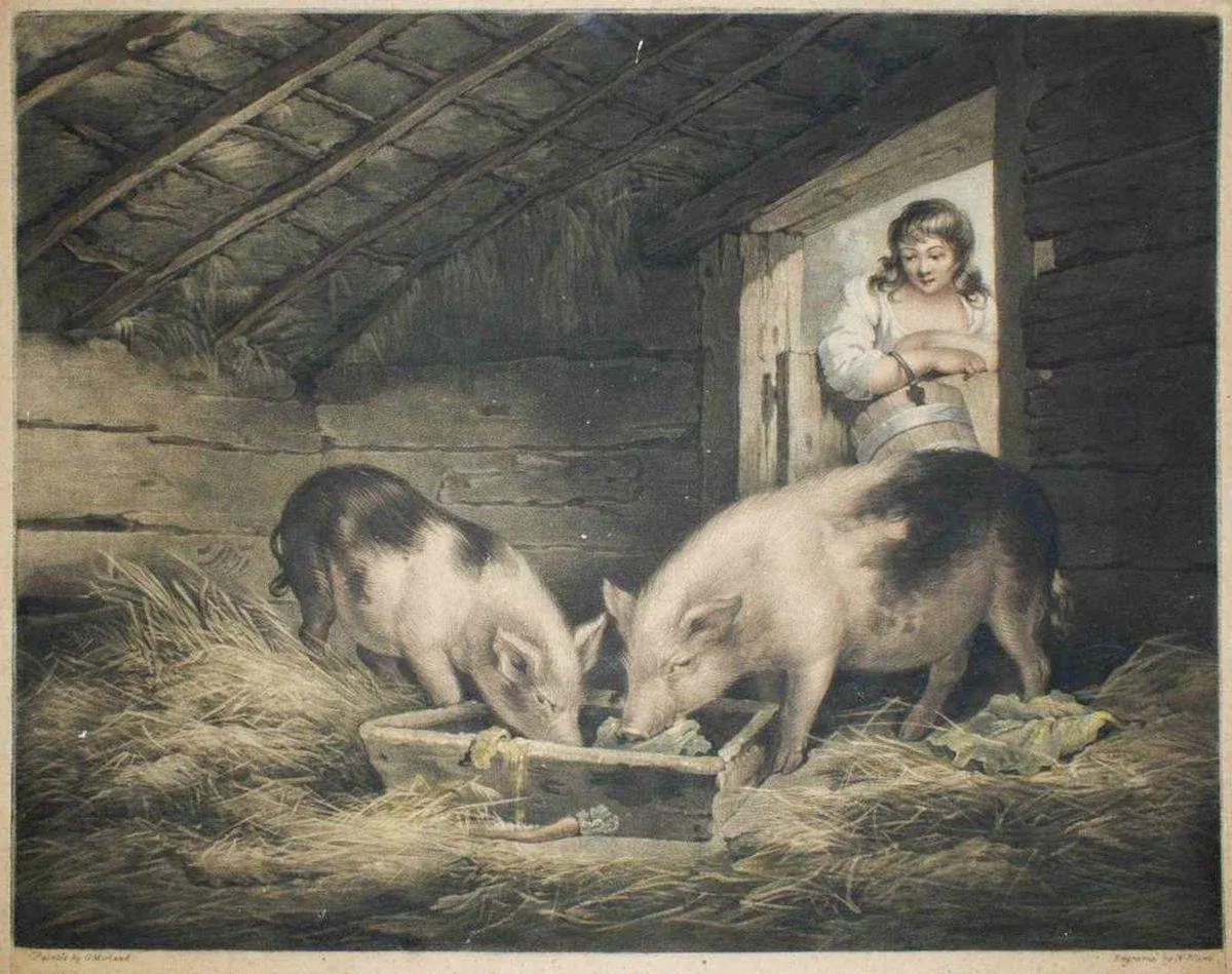 Girls and Pigs - Original Etching by William Ward After George