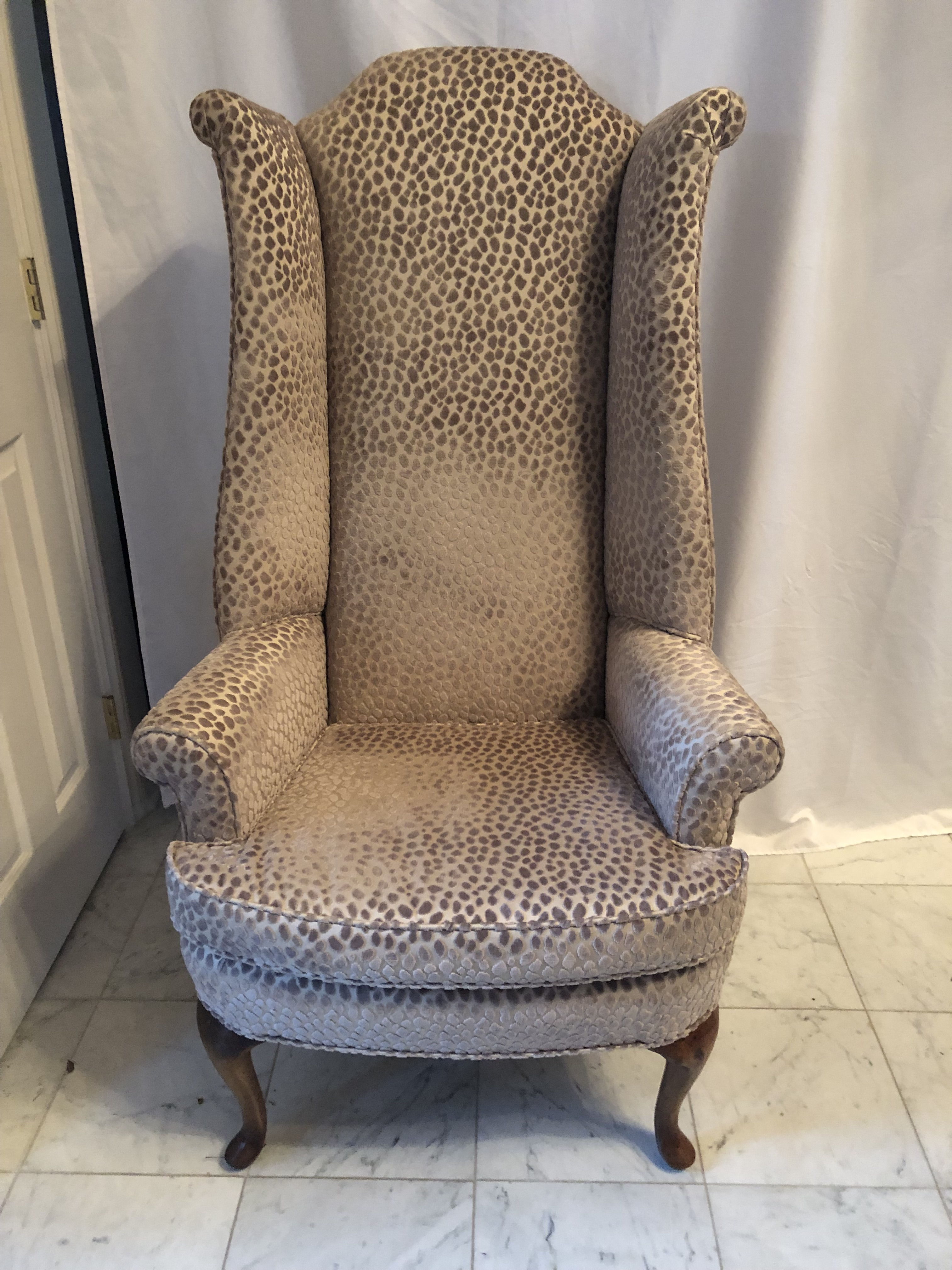 1990s High Back Snow Leopard Velvet Wing Chair Chairish