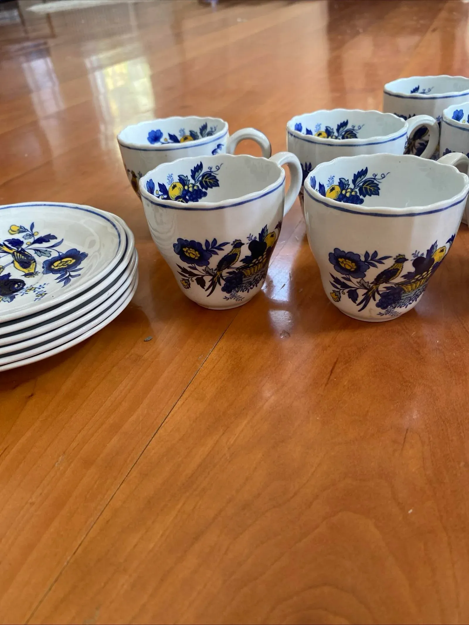 Spode Blue Harvest Tea Cups Full Set of Blue Bird England 1838