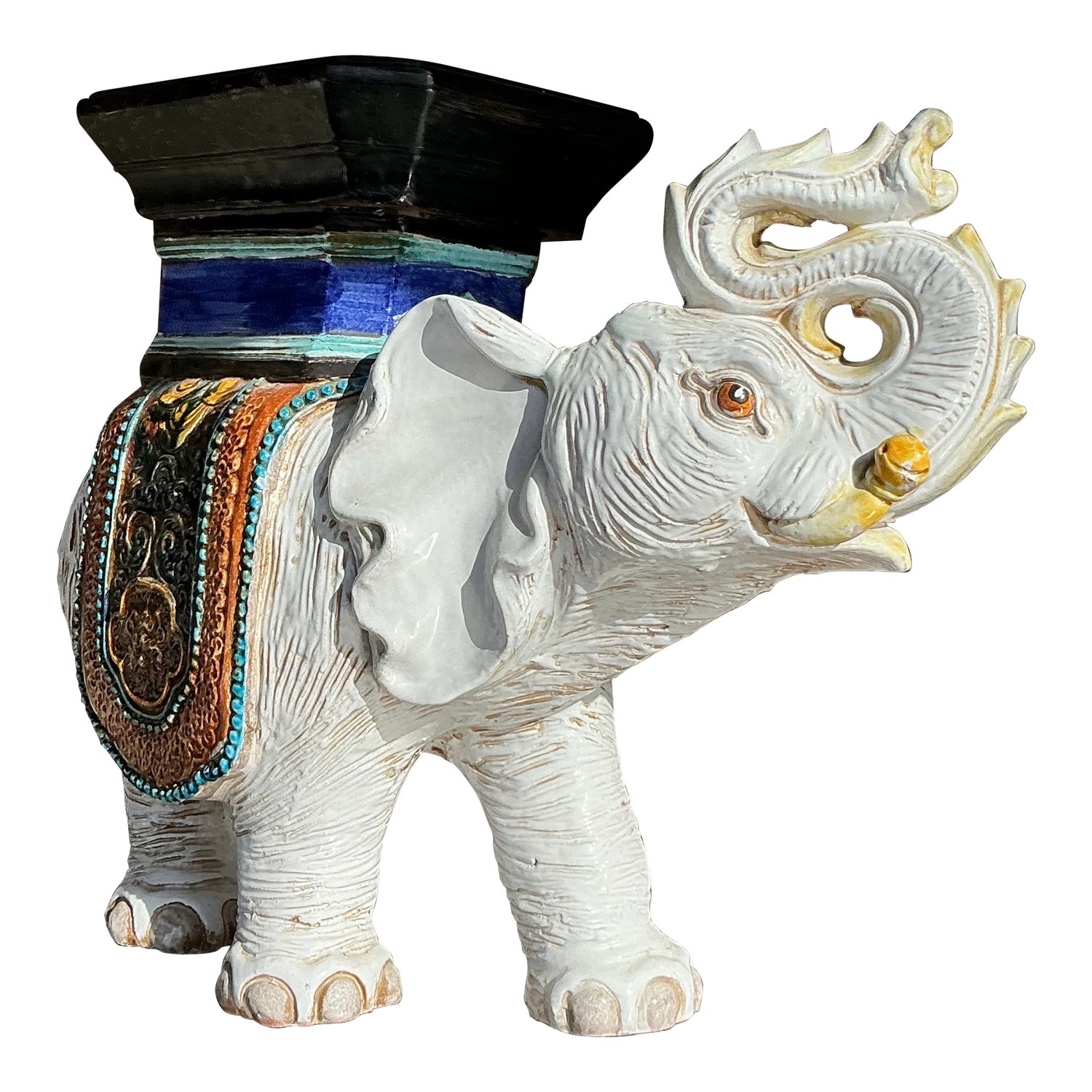 Vintage Boho Glazed Ceramic Elephant Low Stool