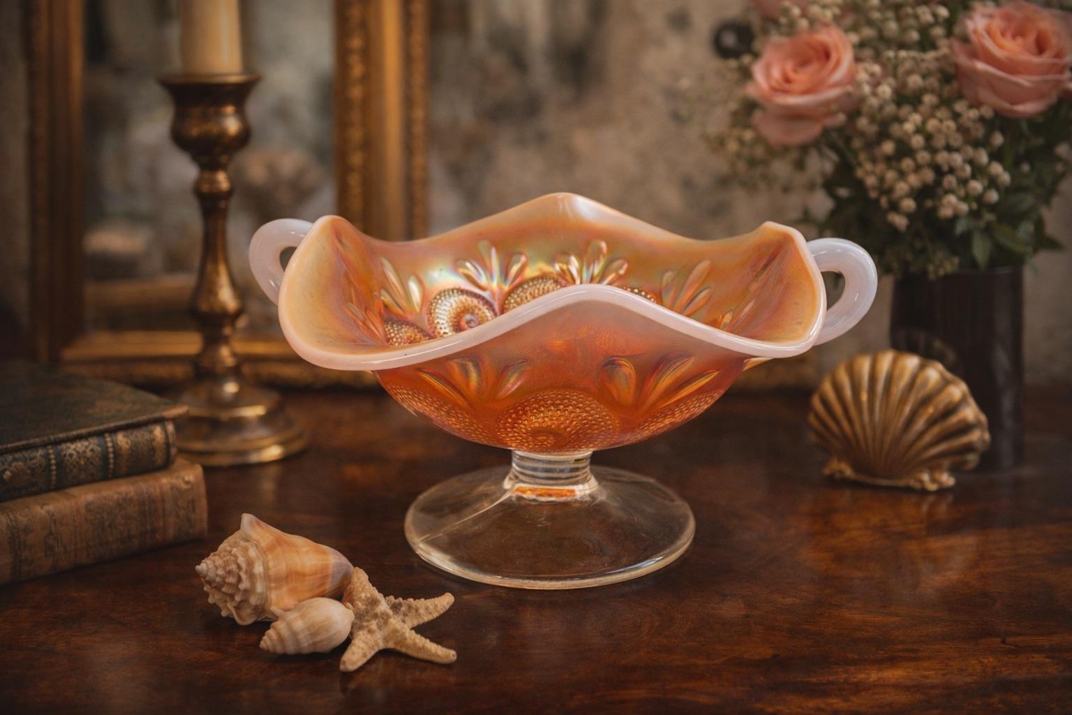 Antique Dugan Carnival Glass Peach Opalescent Octopus & Shell Two-Handled  Compote, c.1910