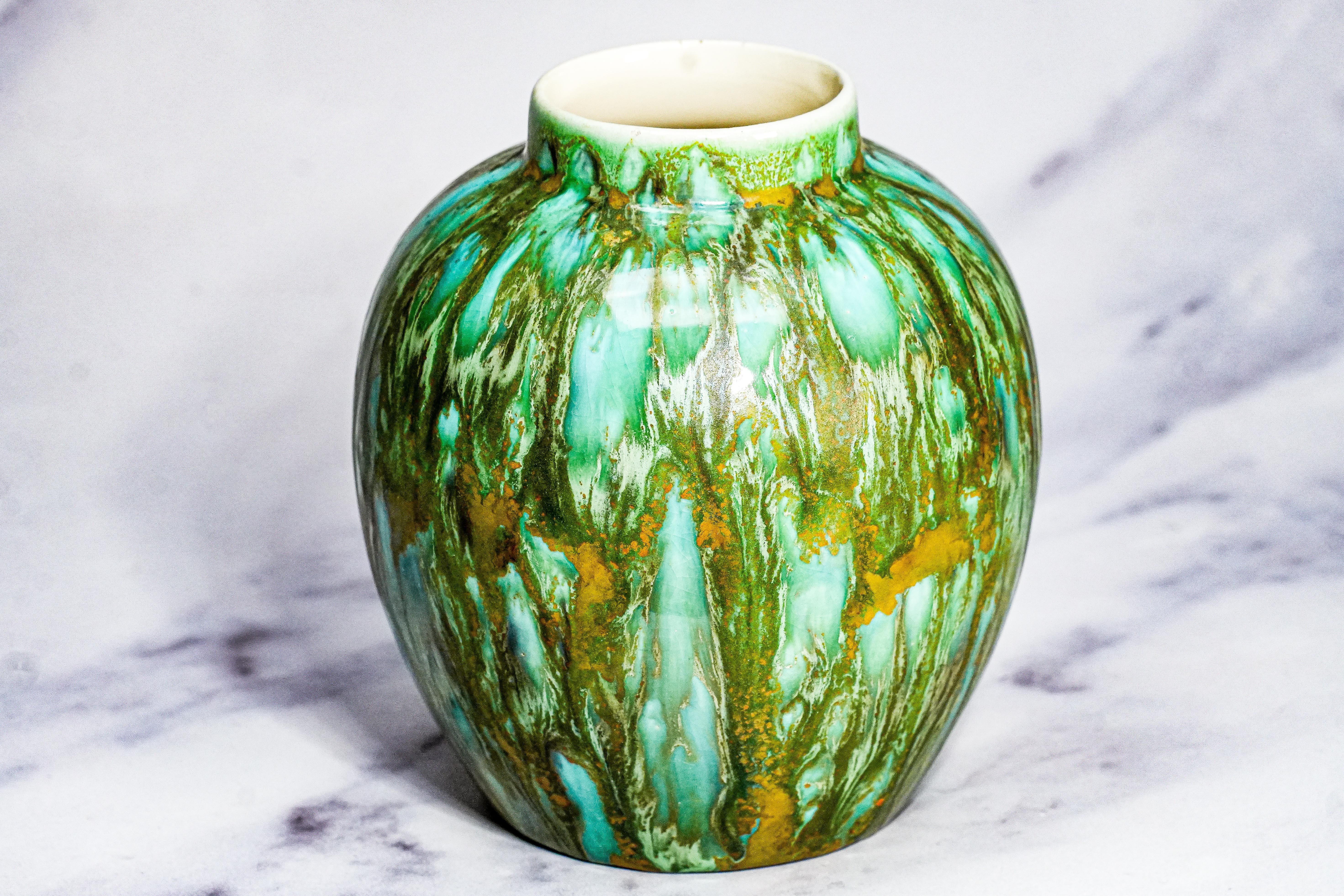 Groovy Mid Century Modern MCM Unique Drip Glazed Vintage Decorative Green Vase Home Decor Studio Pottery