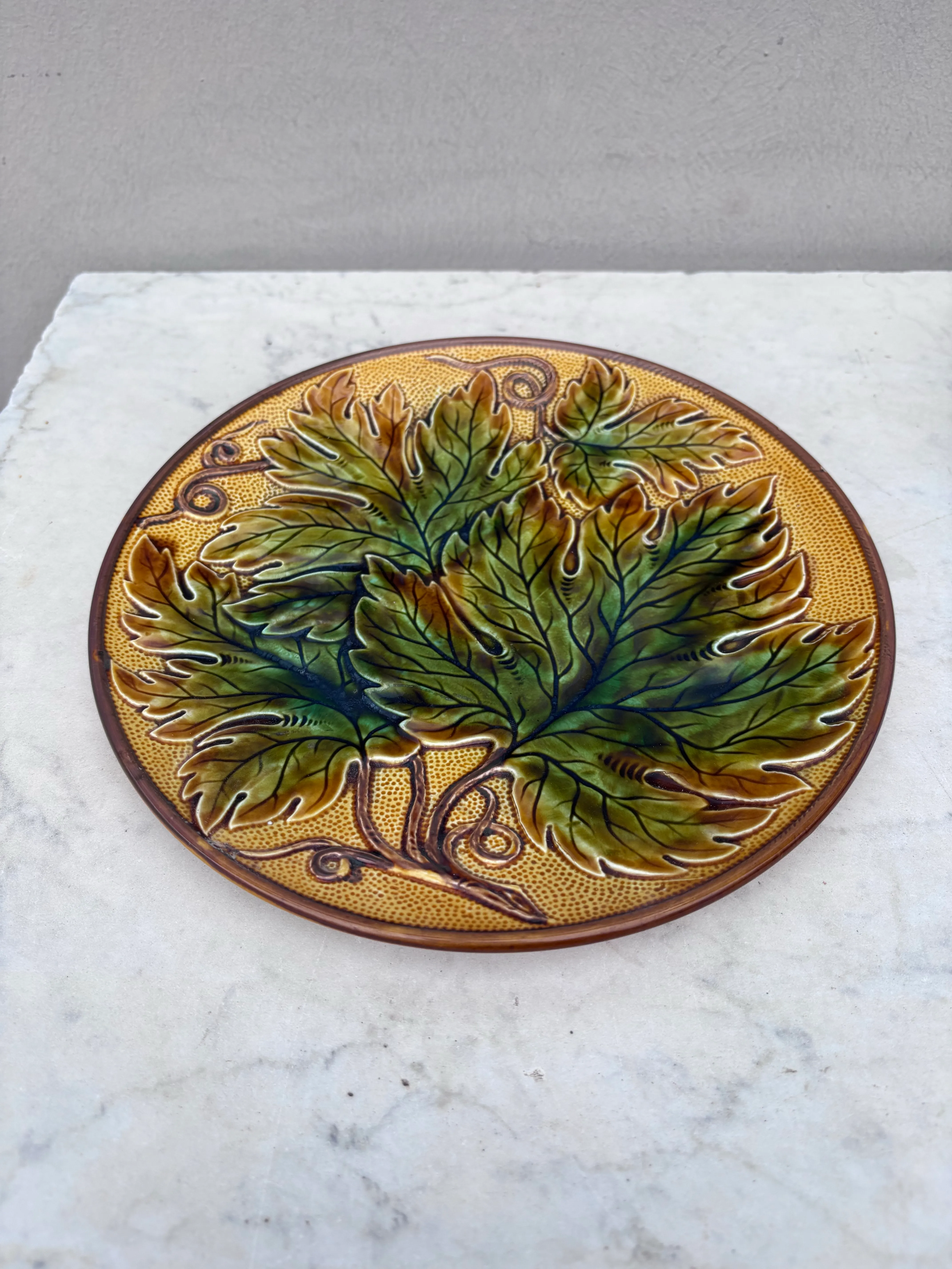 Large German Majolica Leaf Plate, Circa 1900