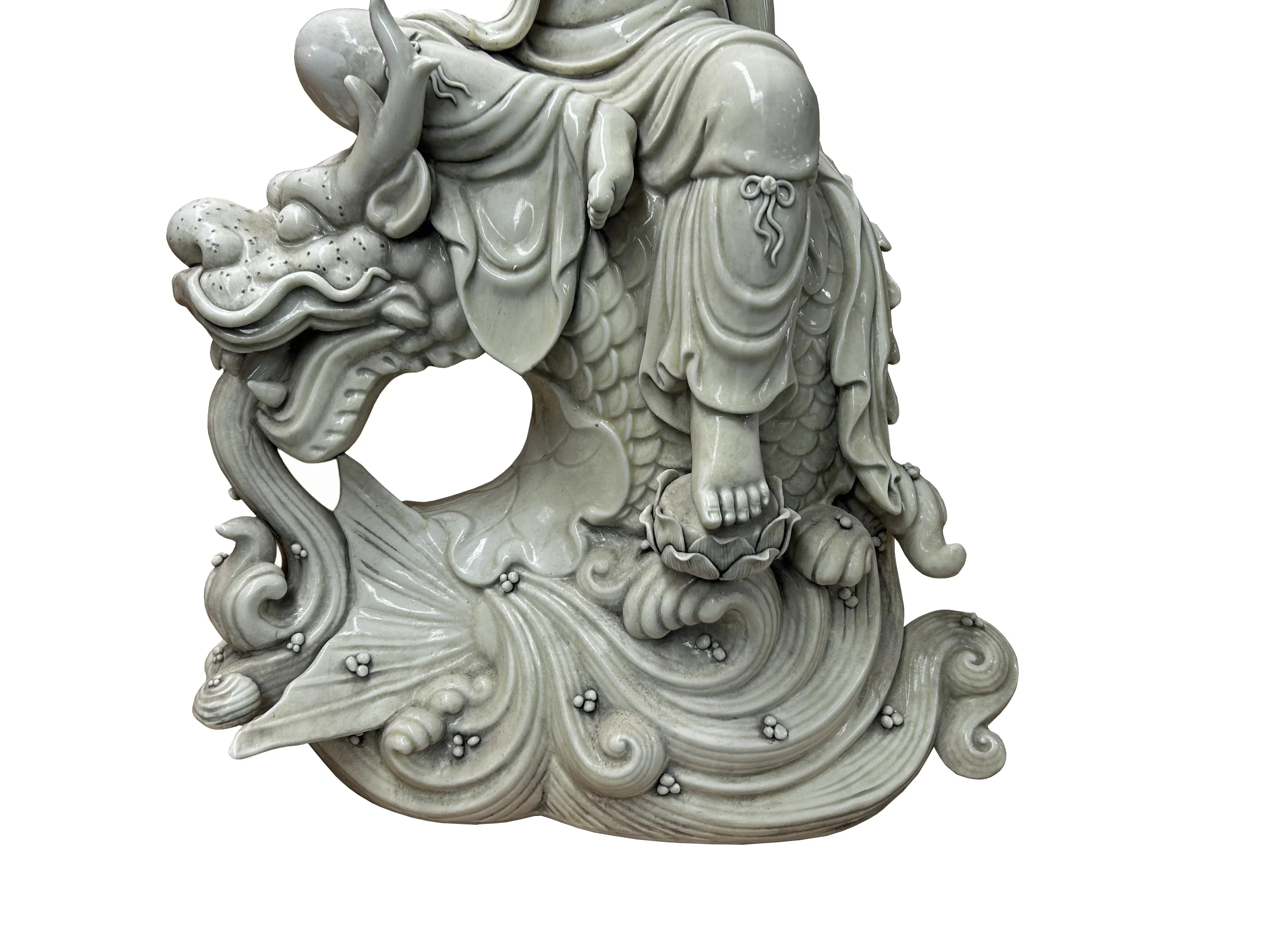 Chinese Handcrafted GuanYin Bodhisattva on Dragon White Porcelain Statue