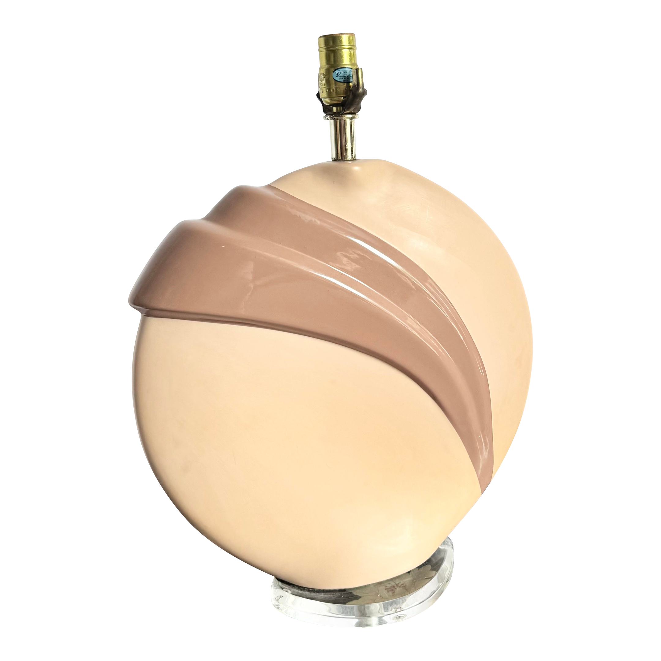 Postmodern Peach and Mauve Ribbon Disk Table Lamp With Lucite Base
