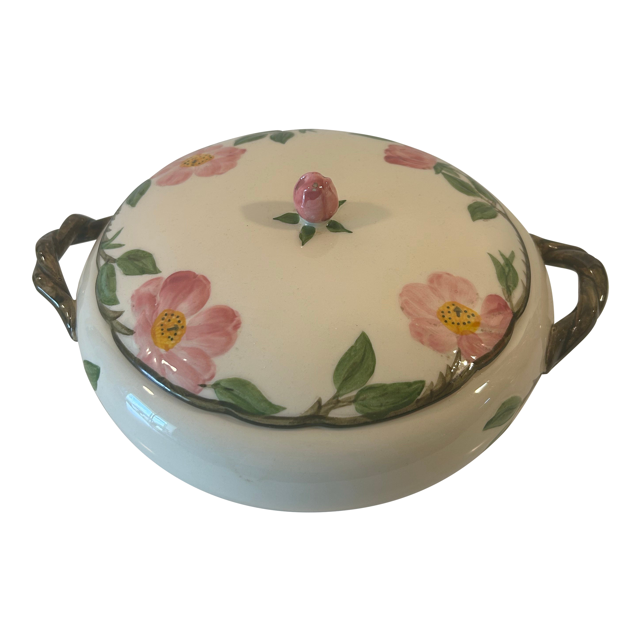 Late 20th Century Franciscan Desert Rose Covered Vegetable DishHandwoven Antique Persian Kilim Rug in Wine Black and Orange Geometric Pattern