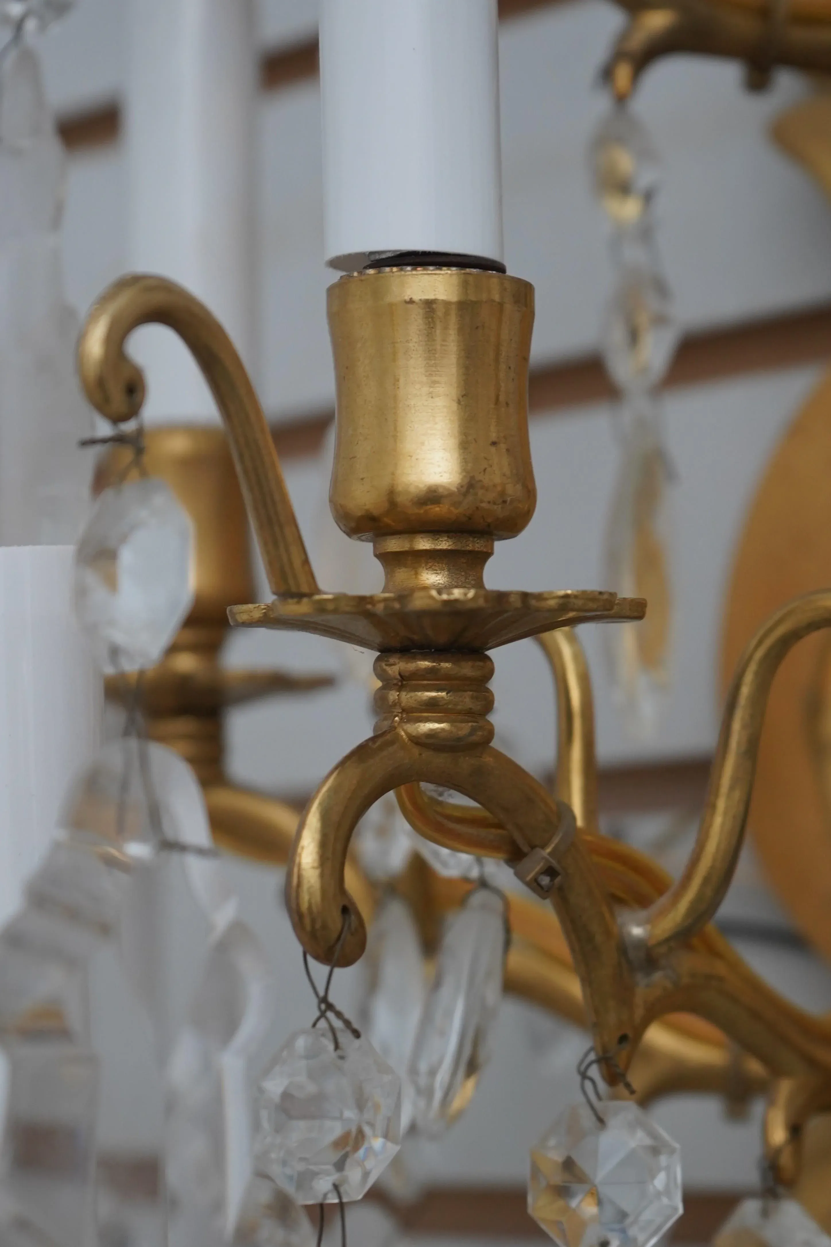 Pair Vintage Brass & Crystal 9 Arm Lighted Wall Sconces