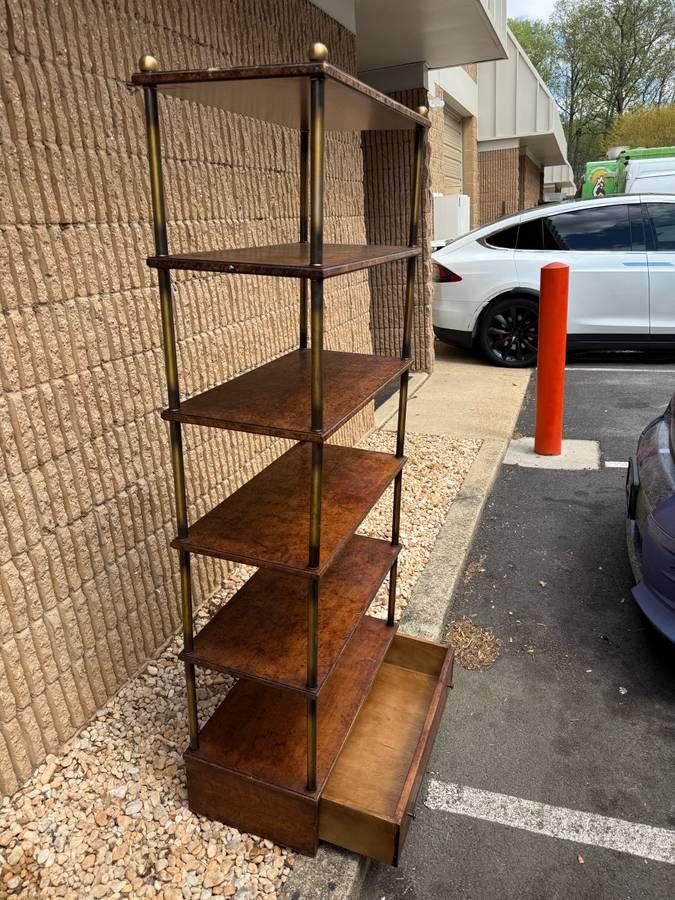 Vintage Hollywood Regency Style Brass Frame Burled Wooden Shelves